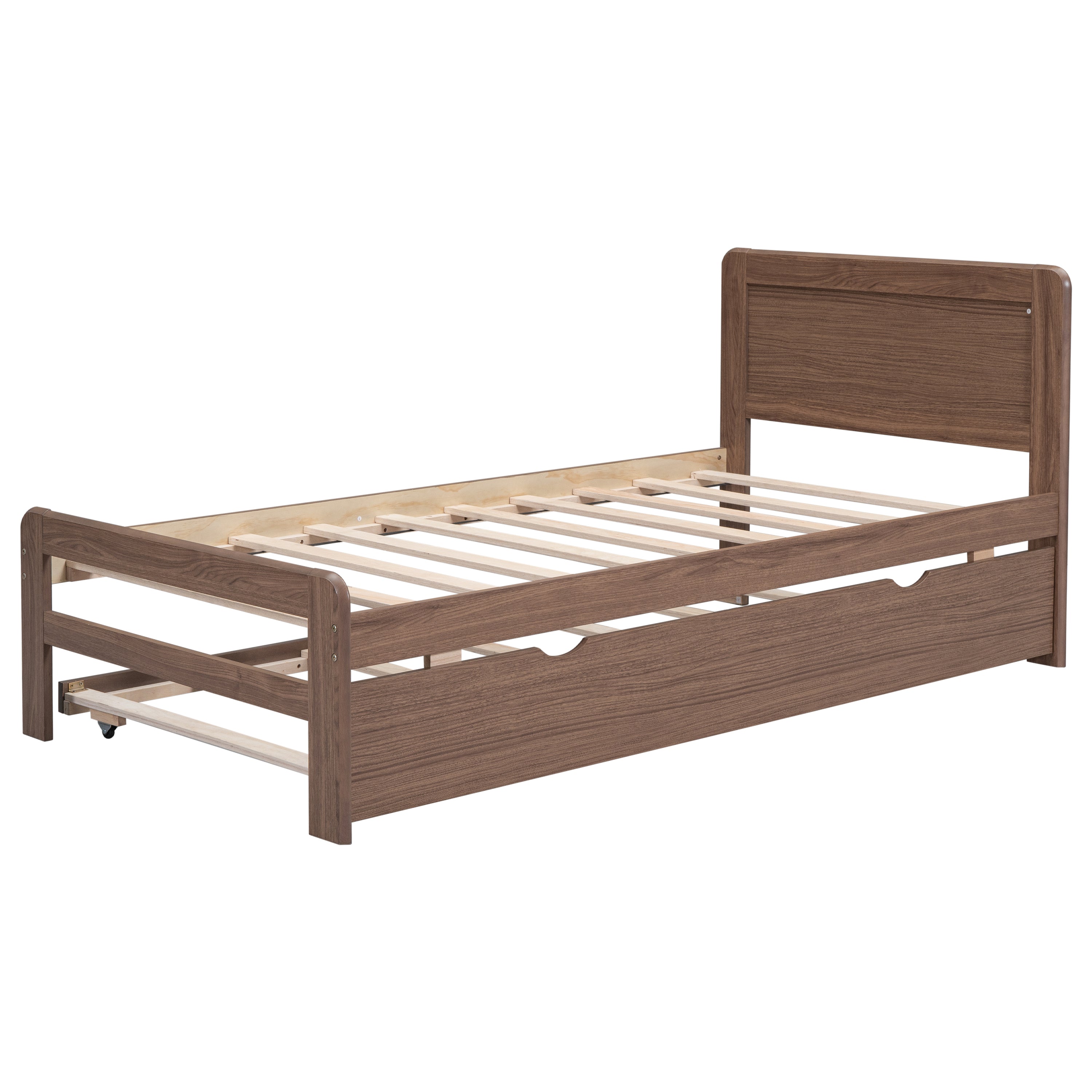 HAOYYE Modern Design Wooden Twin Size Platform Bed Frame with Trundle for Walnut Color Sturdy Space-Saving Heavy Duty Adults Dorm Room Easy Assembly Bedroom Furniture