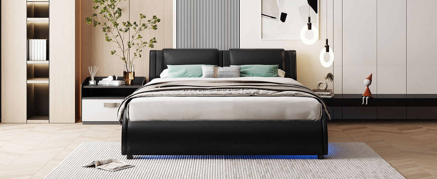 HAOYYE Full Size Upholstered Faux Leather Platform Bed with LED Light Bed Frame with Slatted - Black Sturdy Space-Saving Heavy Duty Modern Design Easy Assembly Durable Stylish Home Furniture Versatile