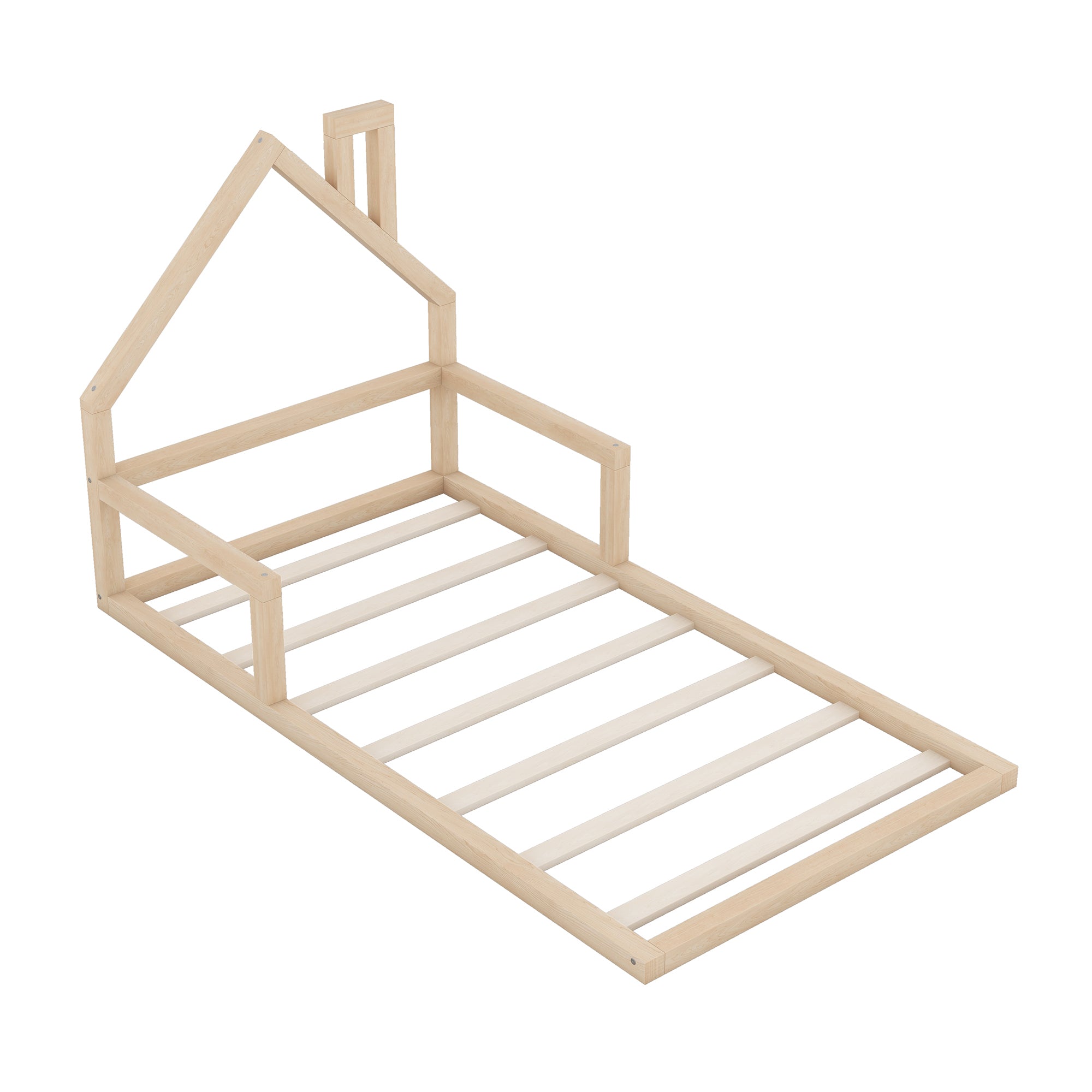 HAOYYE Twin Size Wood Floor Bed with House-shaped Headboard, Natural Sturdy Space-Saving Heavy Duty Modern Design Adults Dorm Room Easy Assembly Bedroom Furniture