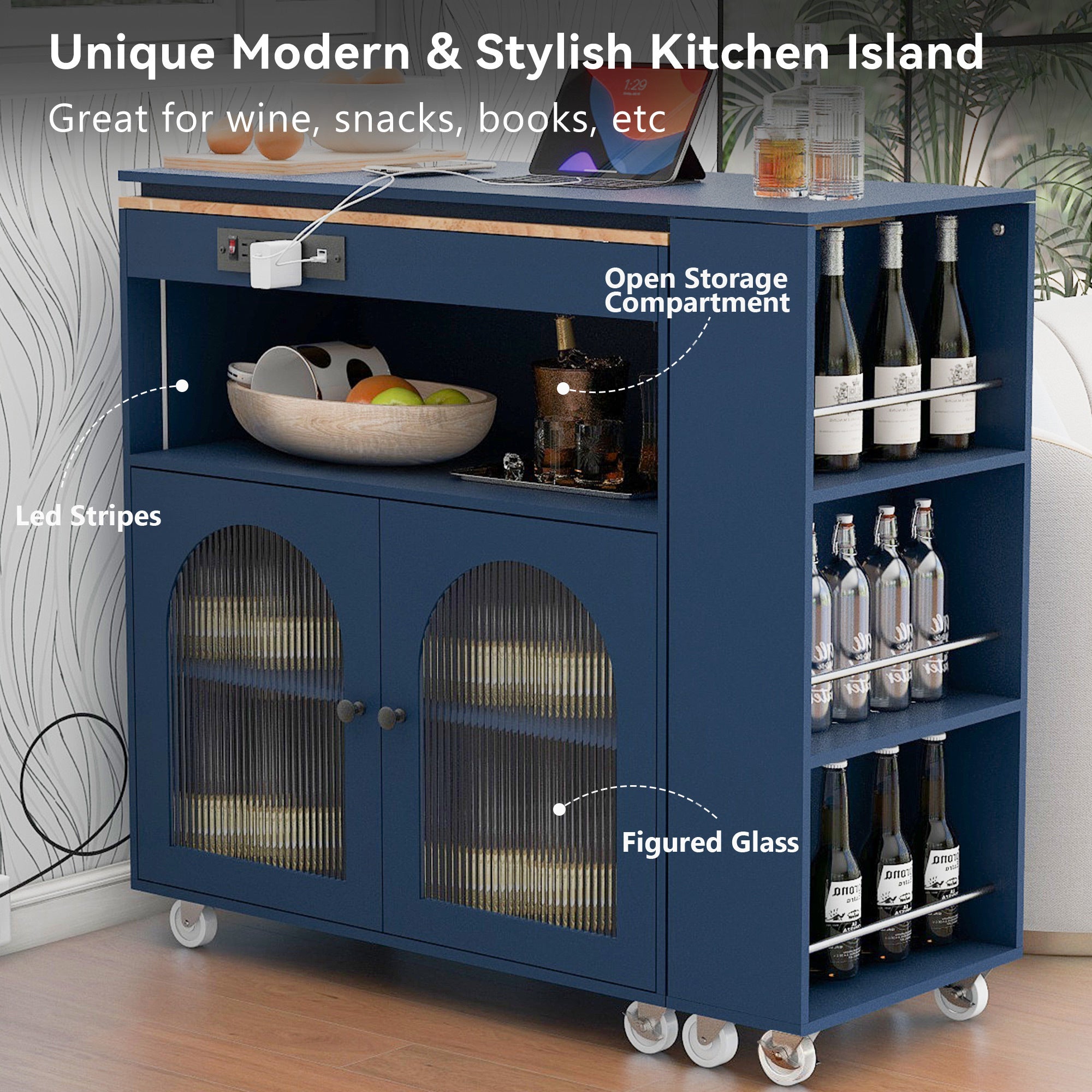 HAOYYE Navy Rolling Kitchen Island With Extended Table, LED Lights, Power Outlets, Fluted Glass Doors, Storage Compartment, and Open Shelves, Sturdy Space-Saving Design, Easy Assembly
