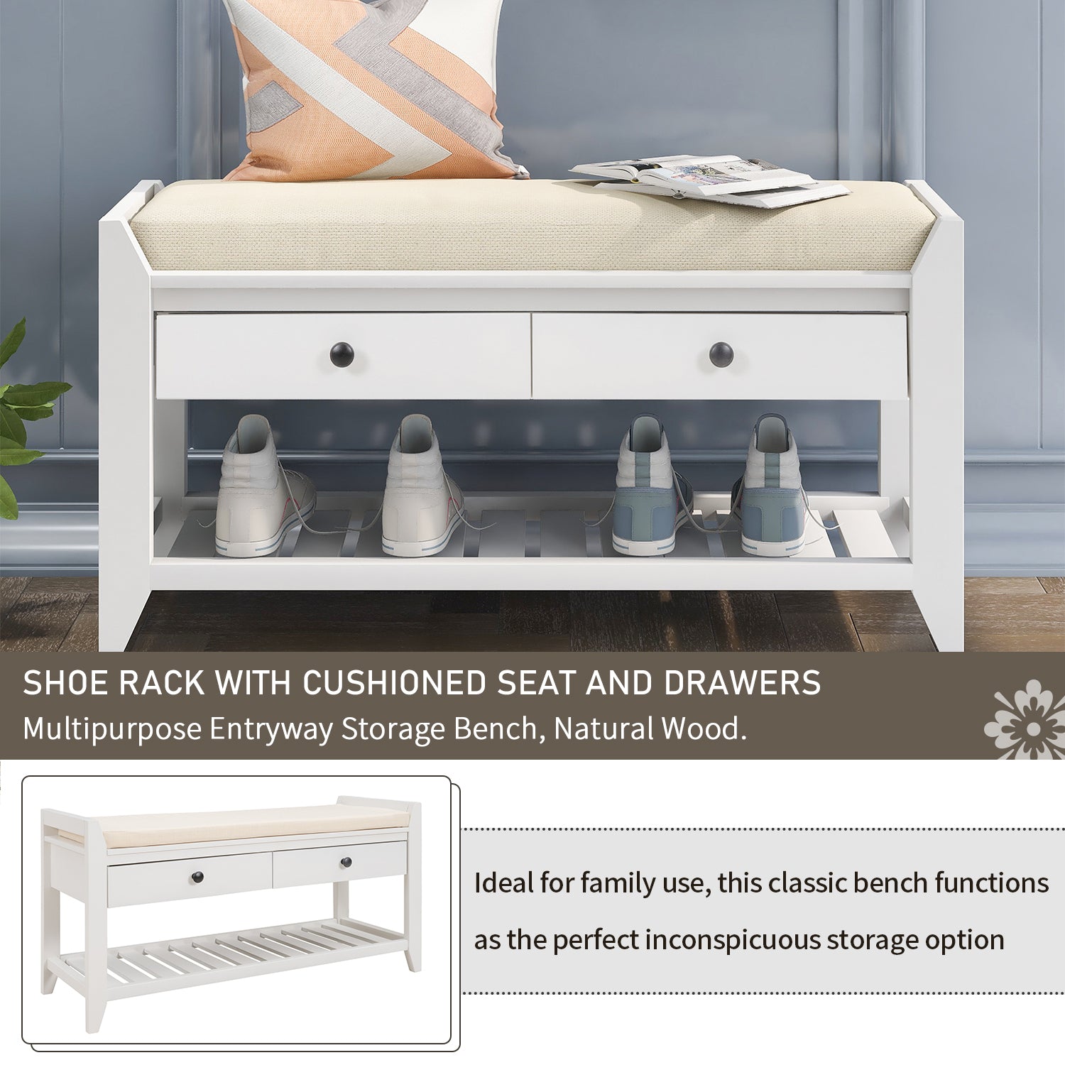 HAOYYE Shoe Rack Bench with Cushioned Seat and Storage Drawers, Versatile White Entryway Storage Bench, Sturdy Space-Saving Design, Heavy Duty Construction, Easy Assembly, Durable Stylish Home Furniture