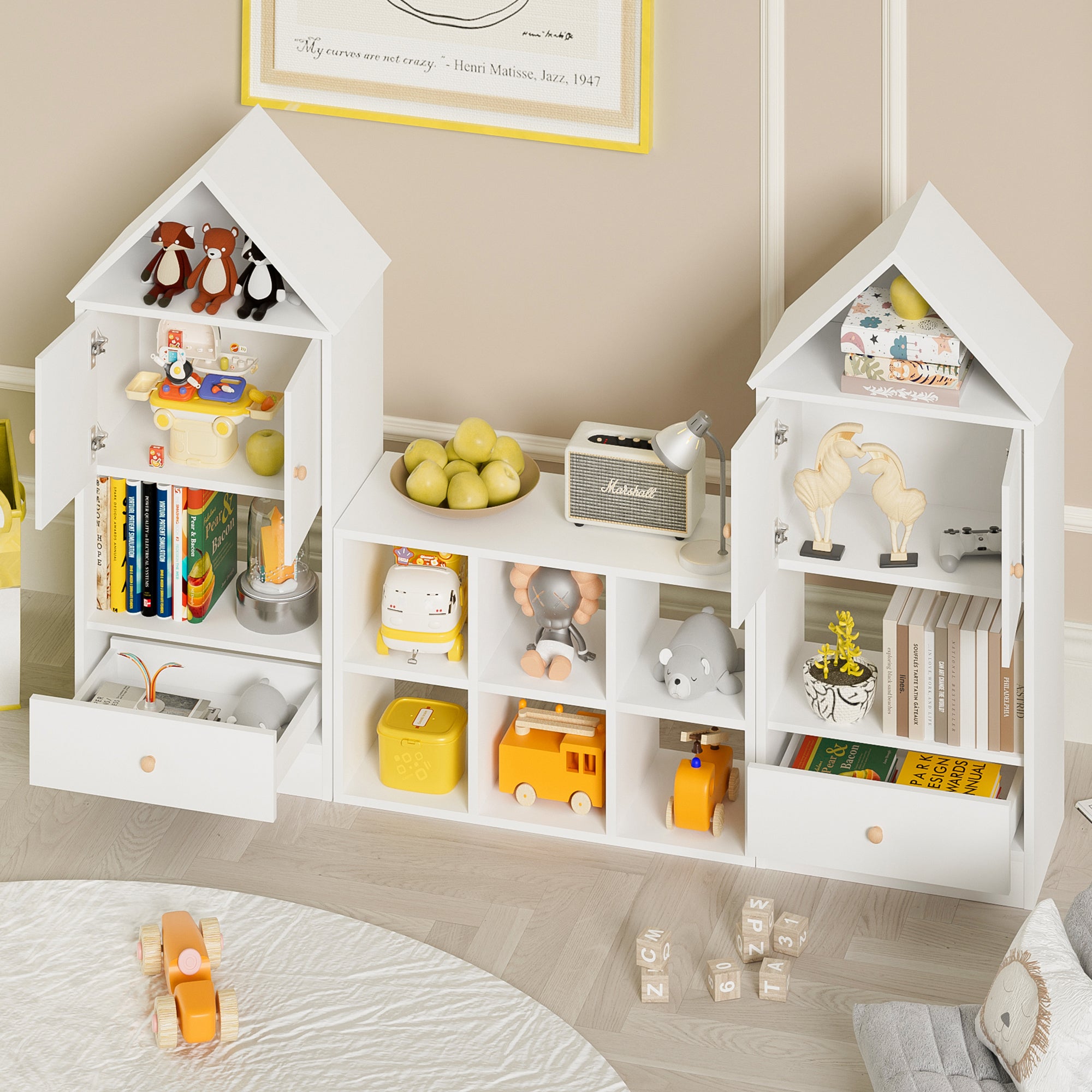 HAOYYE Versatile Bookshelf with House-Shaped Design, Multifunctional Storage Organizer for Books and Toys, Durable and Safe for Playroom or Bedroom, Easy to Assemble