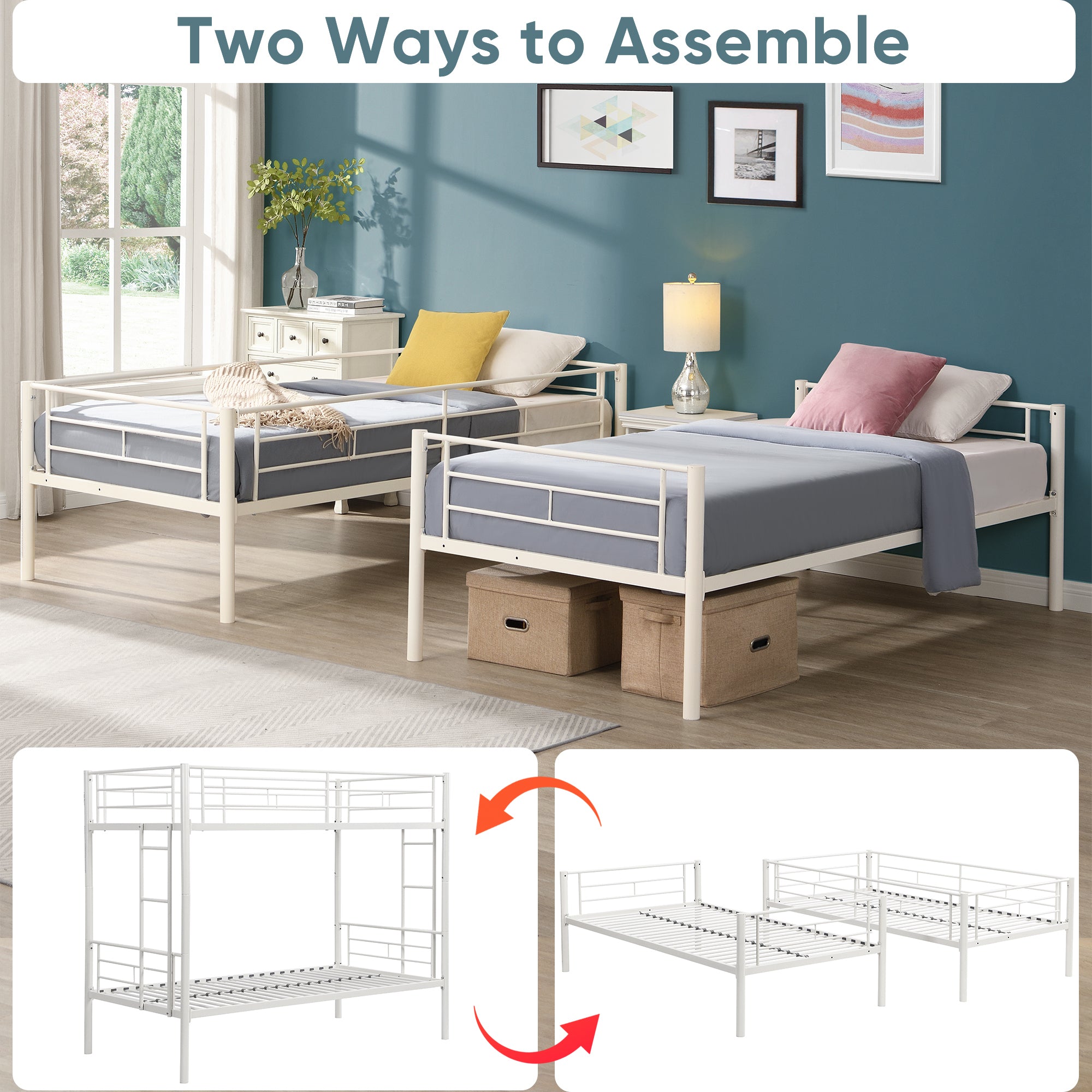 HAOYYE Twin Over Twin Metal Bunk Bed,Metal Structure Bedframe with Safety Guardrails and 2 ladders,Convertible Bunkbeds,No Spring Box Required and Space Saving Design,White Sturdy Space-Saving Heavy Duty