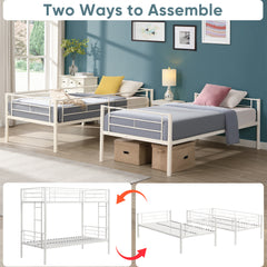 HAOYYE Twin Over Twin Metal Bunk Bed,Metal Structure Bedframe with Safety Guardrails and 2 ladders,Convertible Bunkbeds,No Spring Box Required and Space Saving Design,White Sturdy Space-Saving Heavy Duty