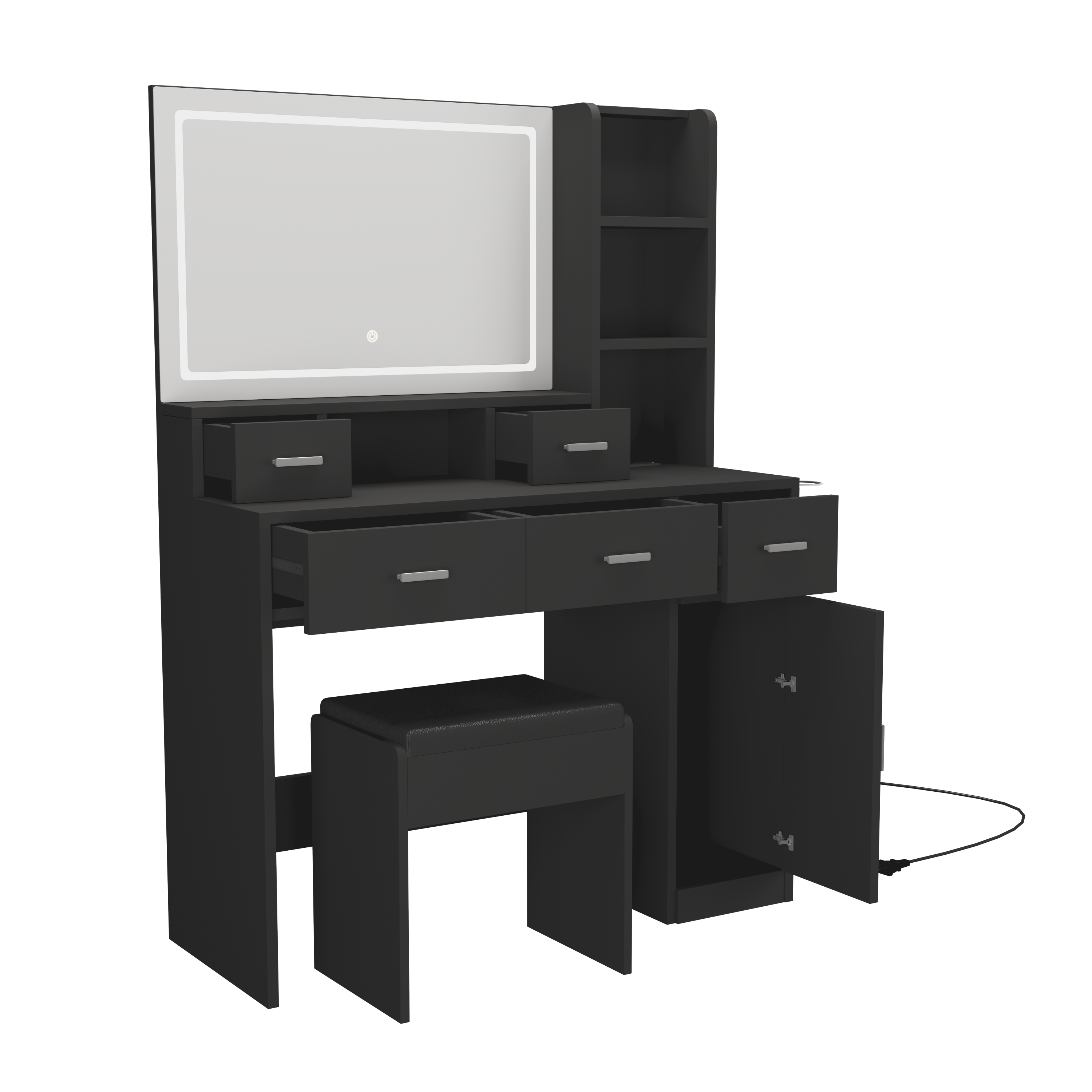 HAOYYE Black dressing table with LED 3-color illuminated mirror and power outlet, dressing table with drawers, storage box and shelf, dressing table with bedroom cushioned stool