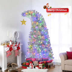HAOYYE Silver Bent Top Pre-lit Christmas Tree with 900 Branch Tips and 300 LED Lights, Hinged Artificial Xmas Tree with Golden Star, Remote Control, Customizable 4-Color Lighting, Ideal for Home Office Store Party Holiday Decoration