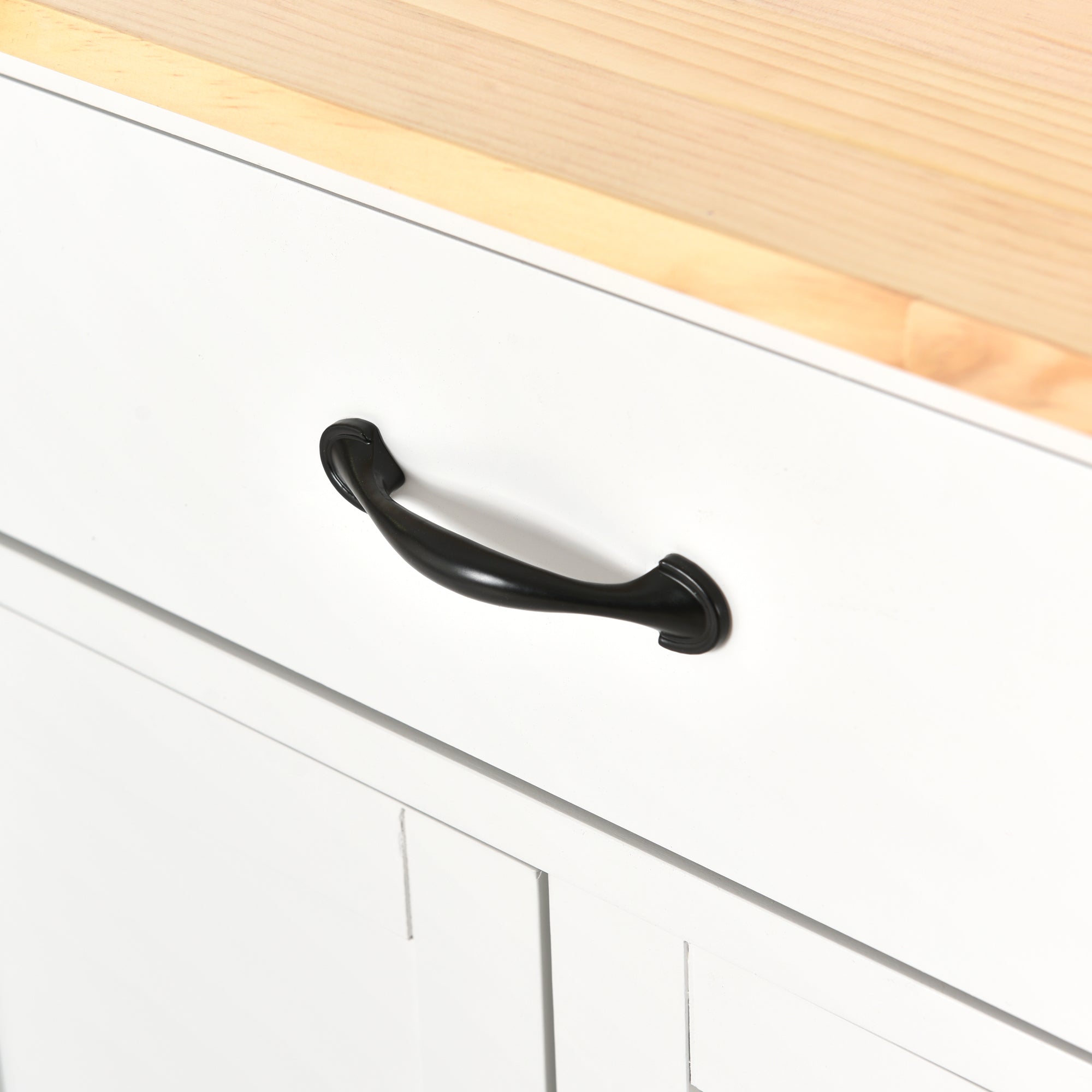 HAOYYE Kitchen Island Cart with Solid Wood Top, Locking Wheels, Four Door Cabinet, Two Drawers, Spice Rack, and Towel Rack, White, Sturdy Space-Saving Design, Heavy Duty Construction, Easy Assembly, Durable and Stylish Home Furniture