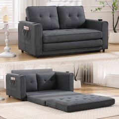 HAOYYE 3-in-1 Upholstered Convertible Futon Sofa Bed, Foldable Tufted Loveseat with Pull-Out Sleeper, Daybed with Side Pockets and Cup Holder, Dark Gray Sturdy Space-Saving Modern Design Easy Assembly