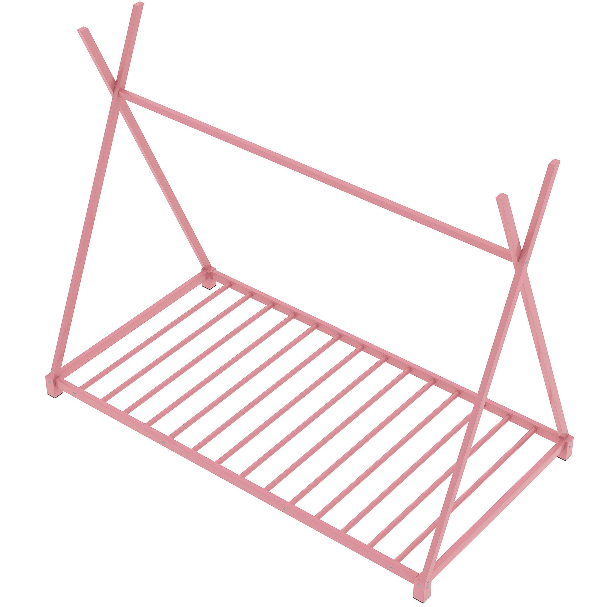 HAOYYE Metal Twin Size House Platform Bed with Triangle Structure, Pink Sturdy Space-Saving Heavy Duty Modern Design Adults Dorm Room Easy Assembly Bedroom Furniture