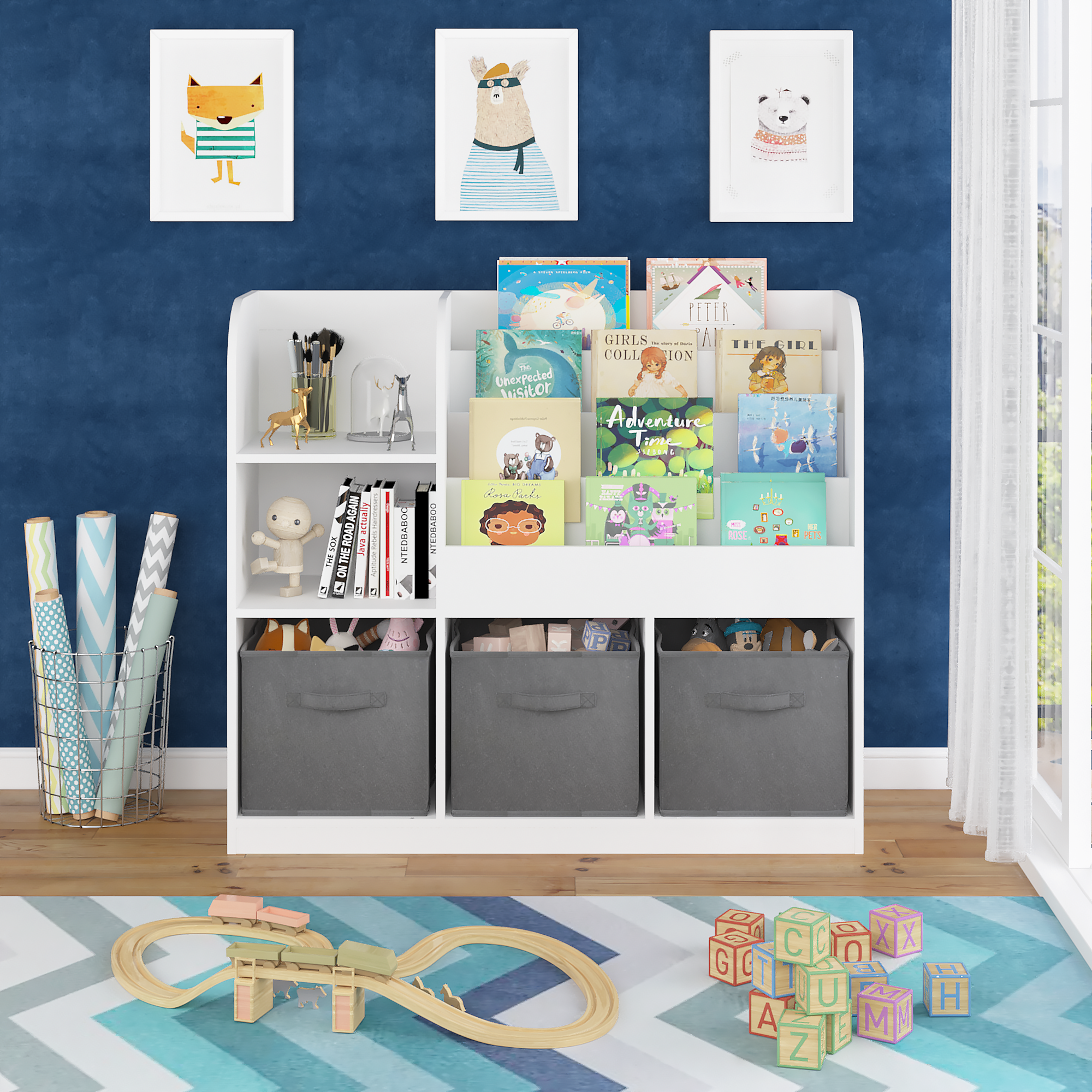 HAOYYE Bookcase and Bookshelf, Multifunctional Display Stand With 3 Collapsible Fabric Drawers, Toy Storage Organizer for Bedroom, Playroom, or Hallway, White/Gray, Sturdy Space-Saving Design