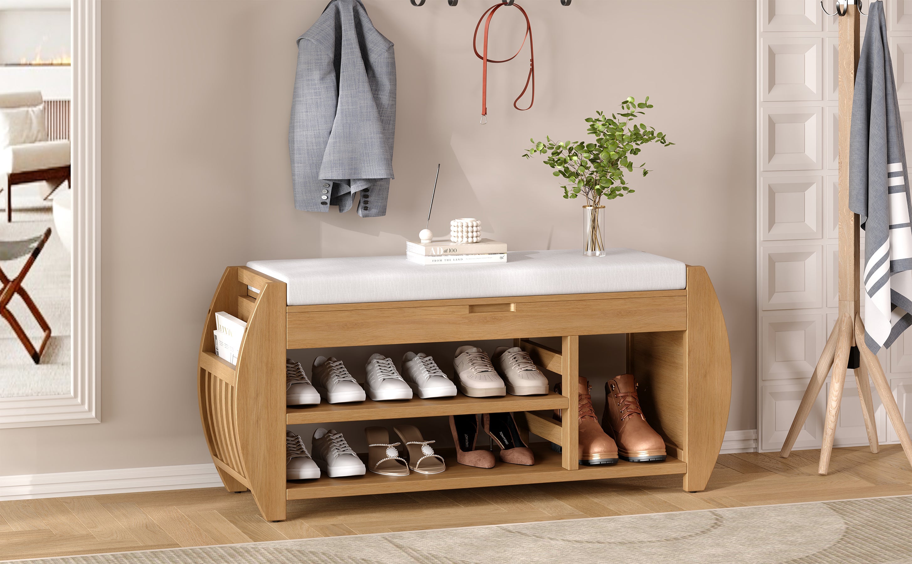 HAOYYE Retro Multifunctional Storage Bench with Cushion and Curved Side Panel for Entrance and Living Room (Natural) Sturdy Space-Saving Heavy Duty Modern Design Easy Assembly Durable Stylish Versatile