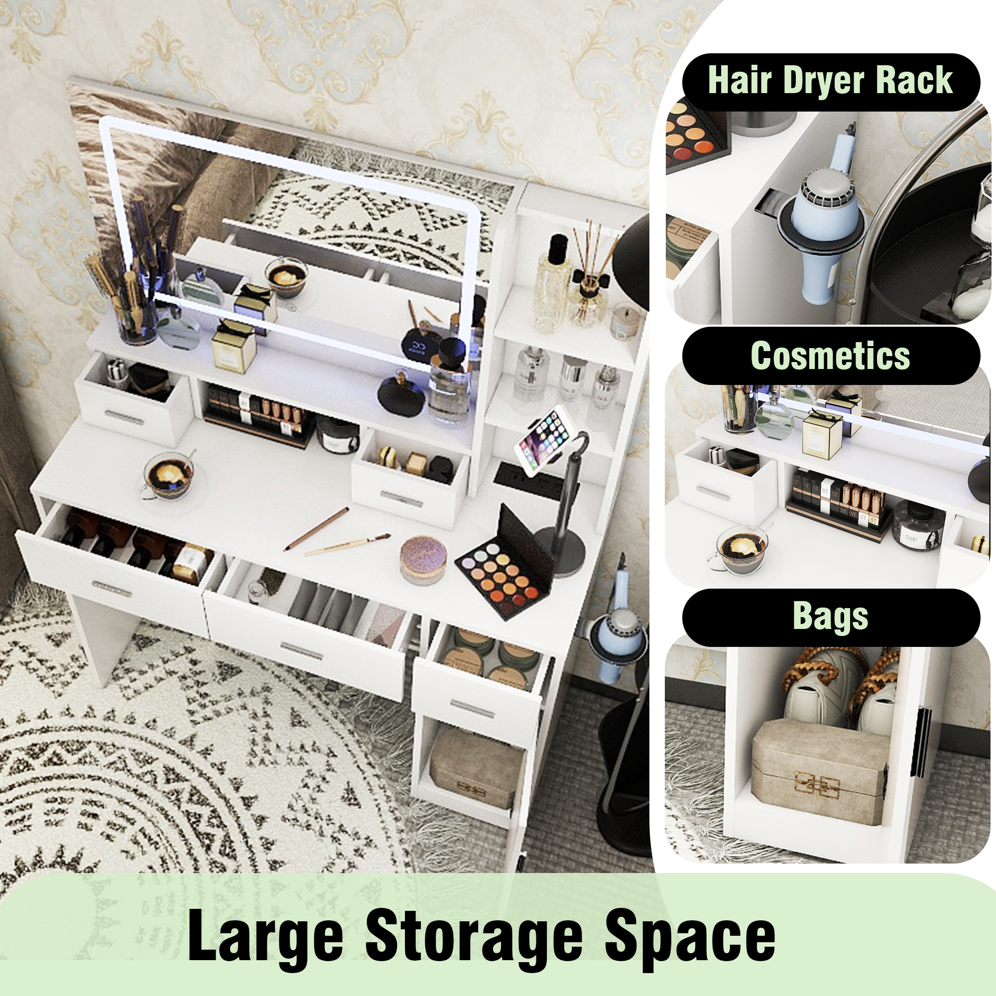 HAOYYE Smart Mirror Dressing Table with Drawers and Storage Cabinet, Modern Design Dressing Table with Soft Dressing Pad for Bedroom and Dressing Room, Sturdy Space-Saving Heavy Duty Construction, Ideal for Adults