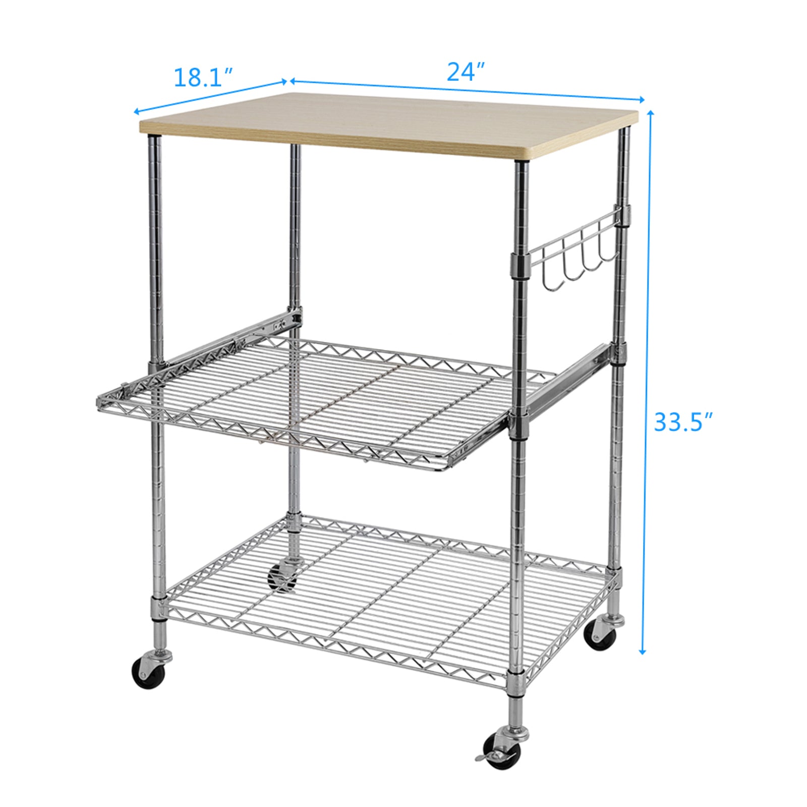 HAOYYE 3-Tier Wire Rolling Kitchen Cart – Durable Metal Storage Cart With Oak Top, Adjustable Shelves, Chrome Hooks, And Heavy-Duty Wheels, Perfect For Kitchen, Pantry, And Home Organization – Stylish, Rust-Resistant, Premium Quality.