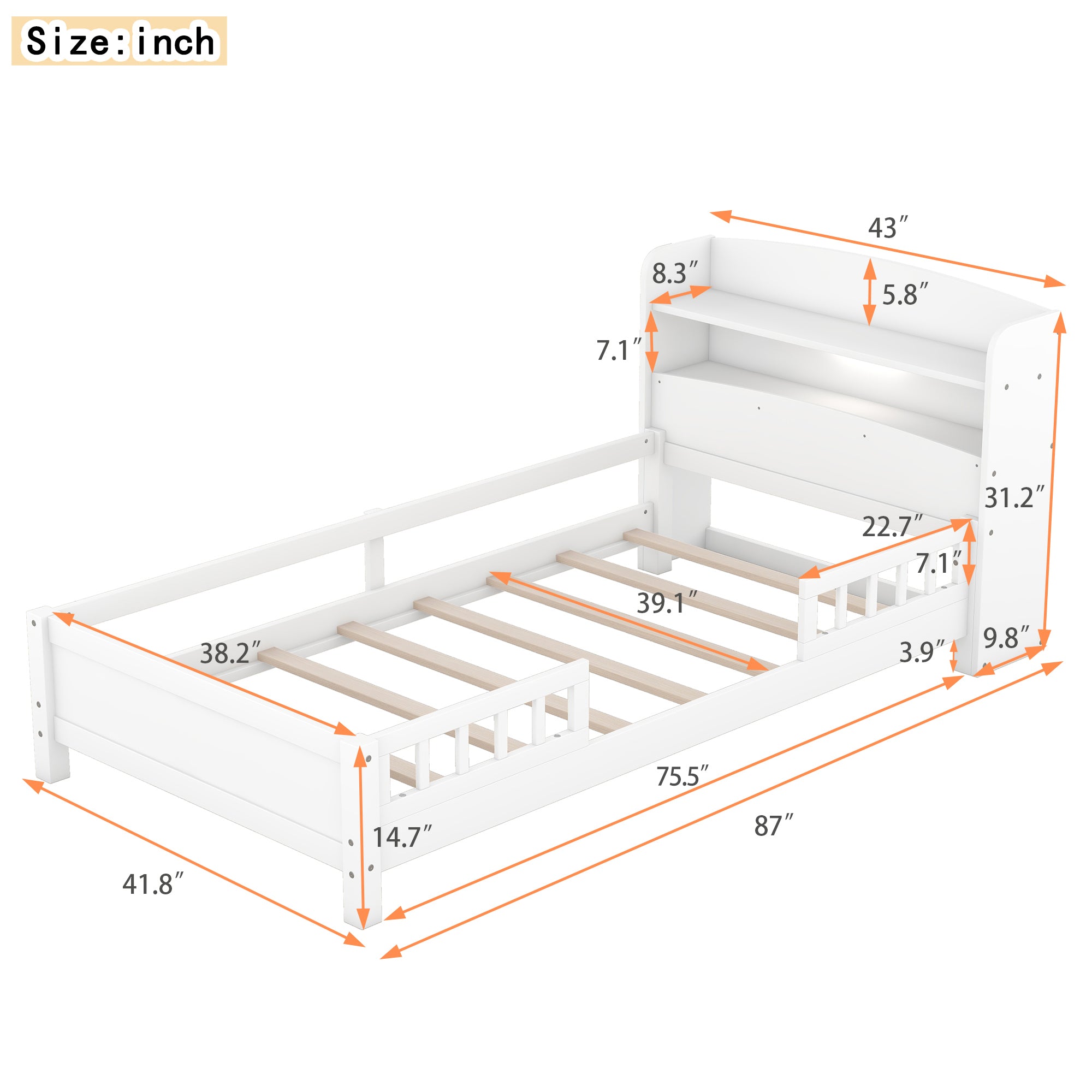 HAOYYE Wood Twin Size Platform Bed with Built-in LED Light, Storage Headboard and Guardrail, White Sturdy Space-Saving Heavy Duty Modern Design Adults Dorm Room Easy Assembly Bedroom Furniture