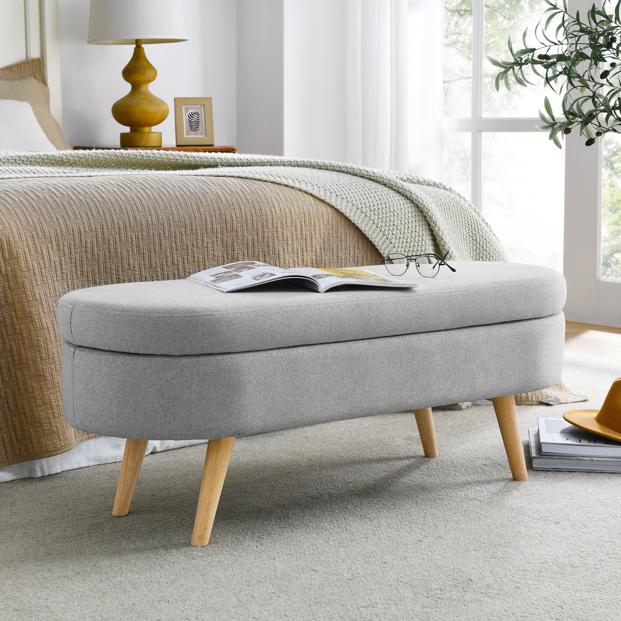 HAOYYE Ottoman Oval Storage Bench, Rubber Wood Legs, Grey(43.5"x16"x16") Sturdy Space-Saving Heavy Duty Modern Design Adults Dorm Room Easy Assembly Bedroom Furniture