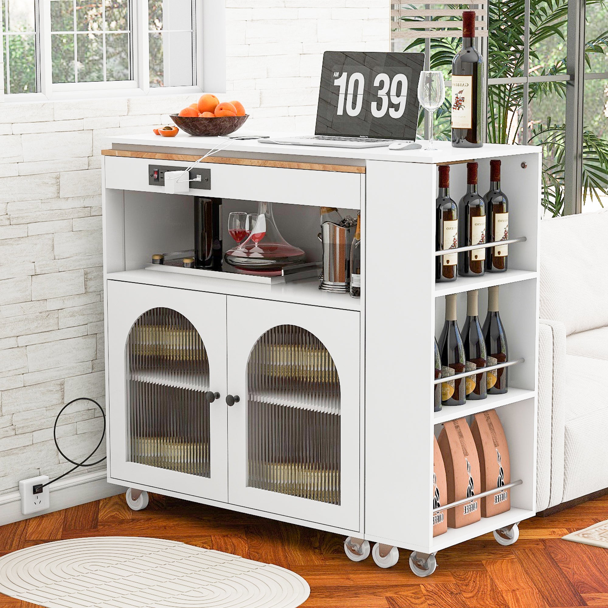 HAOYYE K&K Rolling Kitchen Island With Extended Table, Kitchen island on Wheels with LED Lights,Power Outlets and 2 Fluted Glass Doors, Kitchen Island with a Storage Compartment and Side 3 Open Shelves,White