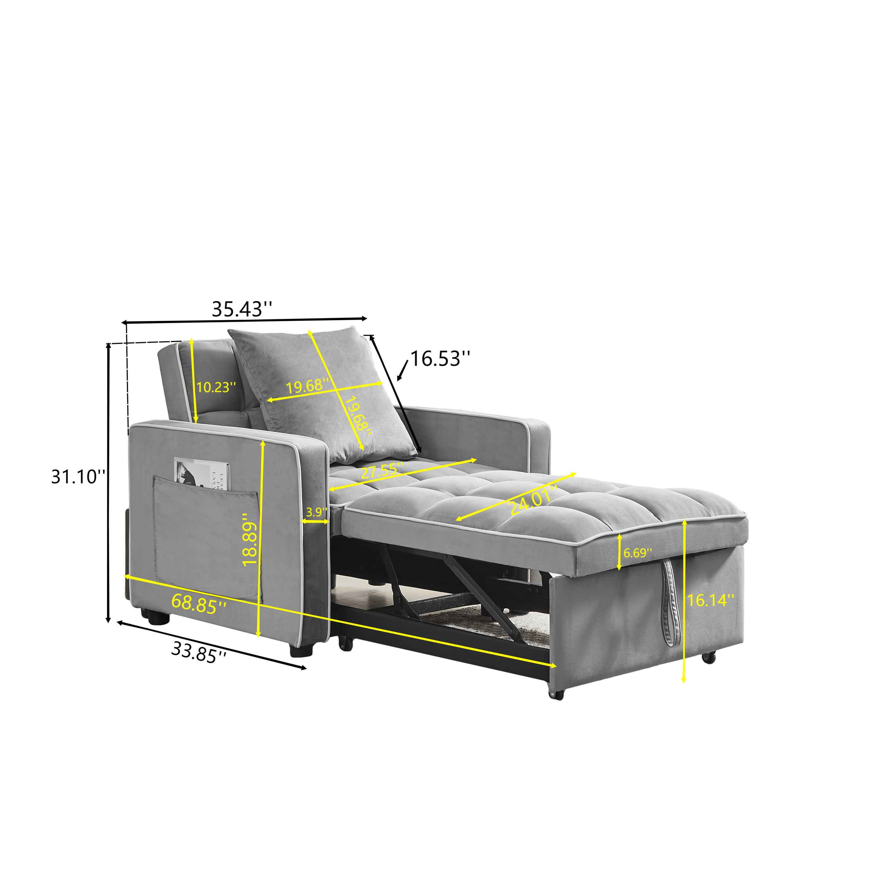 HAOYYE Three-in-One Sofa Bed Chair Grey Folding Adjustable Back Recliner Single Bed Comfortable Modern Sturdy Space-Saving Heavy Duty Design Adults Dorm Room