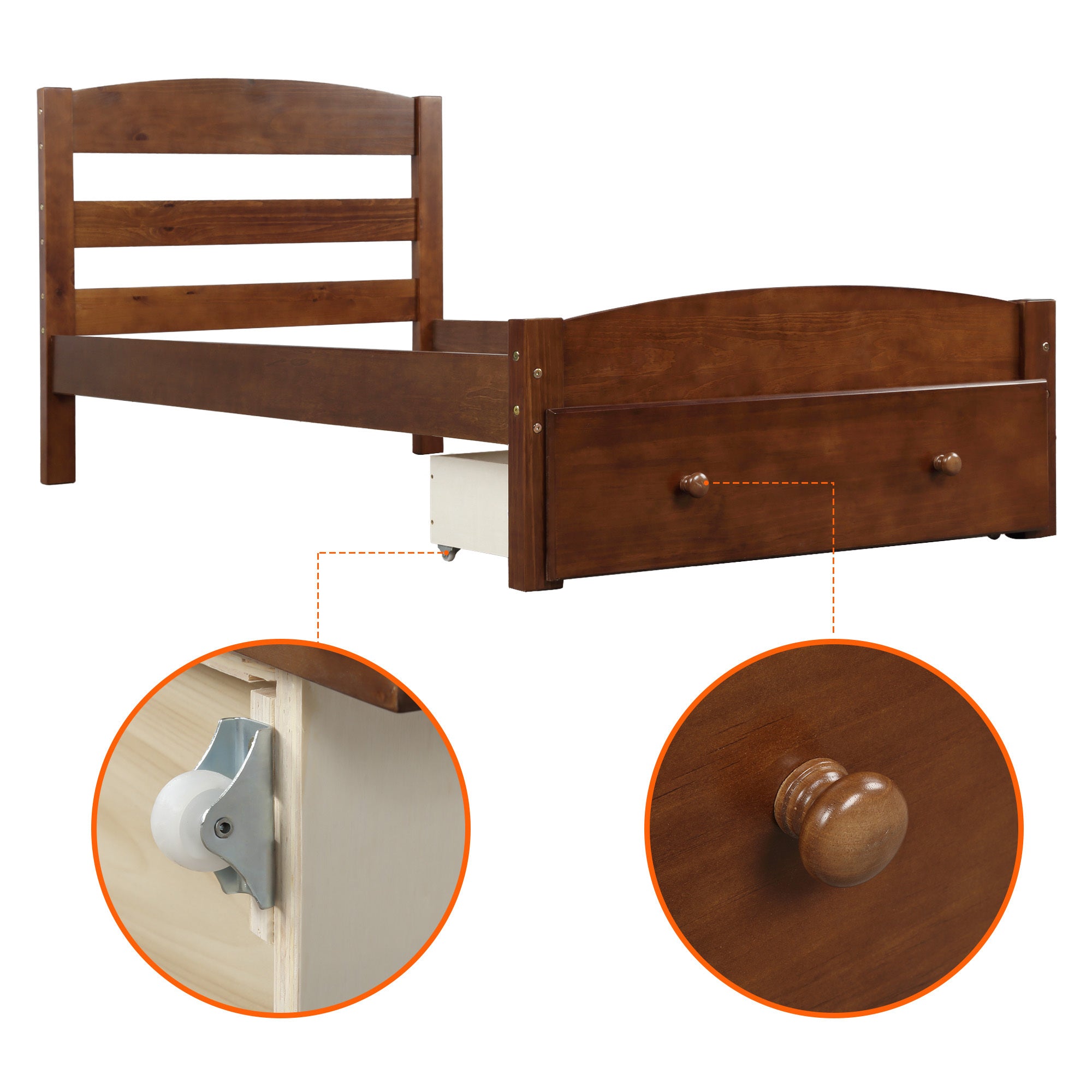 HAOYYE Twin Bed Frame with Storage Drawer and Wood Slat Support, Walnut, Sturdy Space-Saving Design, Heavy Duty Construction, Easy Assembly, Durable and Stylish Home Furniture, Versatile for Bedroom Use