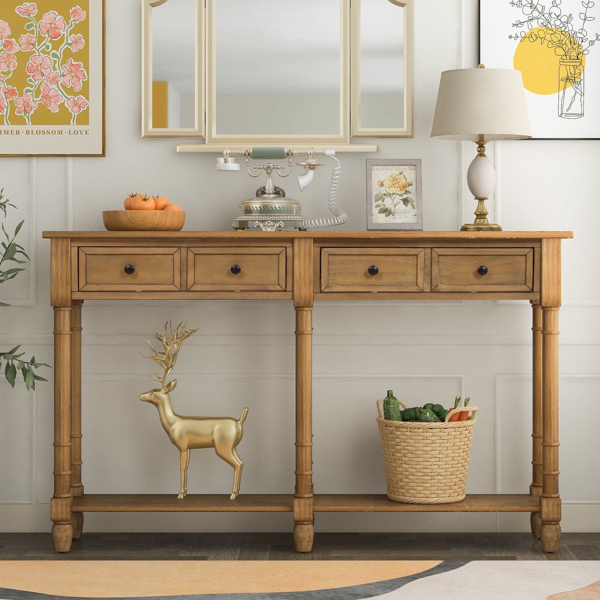 HAOYYE Console Table, Sofa Table with Two Storage Drawers and Bottom Shelf for Living Room or Entryway, Old Pine, Sturdy Space-Saving Design, Heavy Duty Construction, Easy Assembly, Durable and Stylish Home Furniture