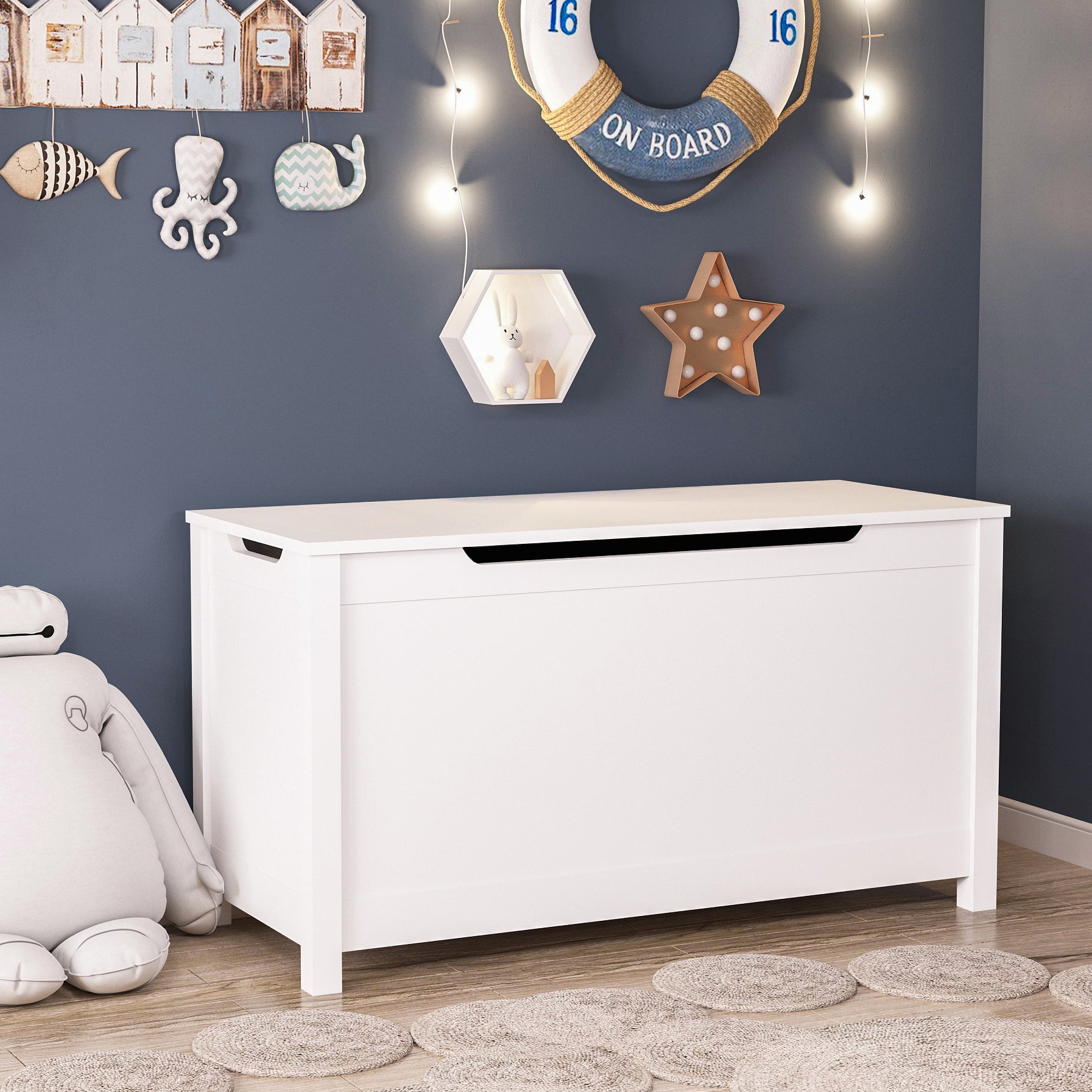 HAOYYE Wooden Toy Box Storage with Safety Hinged Lid, White, Sturdy Space-Saving Design, Easy Assembly, Durable and Stylish Home Furniture