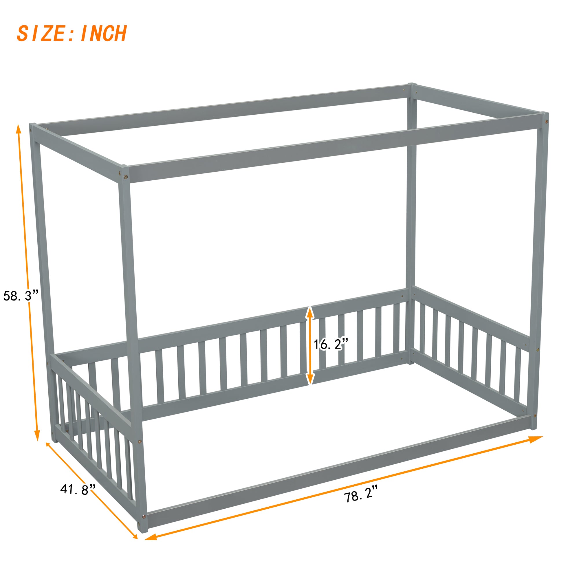 HAOYYE Twin Size Canopy Frame Floor Bed with Fence, Guardrails,Grey Sturdy Space-Saving Heavy Duty Modern Design Adults Dorm Room Easy Assembly Bedroom Furniture