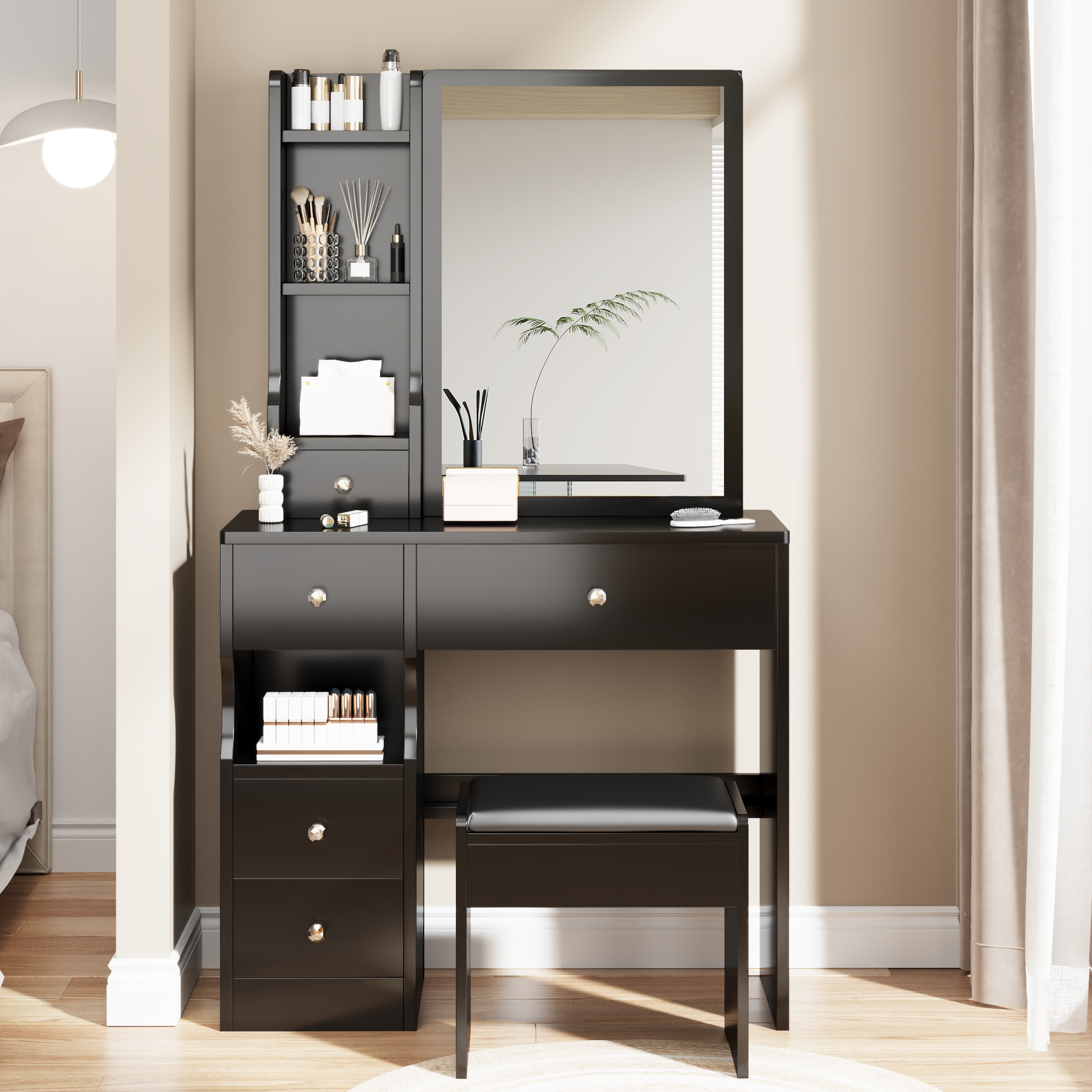 HAOYYE Left Drawer Desktop Vanity Table With Cushioned Stool, Modern Multi-Layer Storage Makeup Desk With Sliding Mirror, Stylish Functional Dresser For Compact Spaces, Ideal For Users Up To 5.6ft Tall