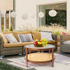 HAOYYE Rattan Coffee Table with Tempered Glass Top, Round Boho Style End Table, Stylish Side Table for Living Room, Balcony, Patio, and Office, Sturdy Walnut Finish, Indoor and Outdoor Use