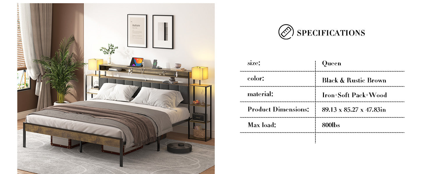 HAOYYE Queen Bed Frame with Storage, Platform Bed Queen Size with LED Lights and Charging Station, Dark gray velvet Headboard with Bookcase Shelves, No Box Spring Needed, Noise Free Sturdy Space-Saving