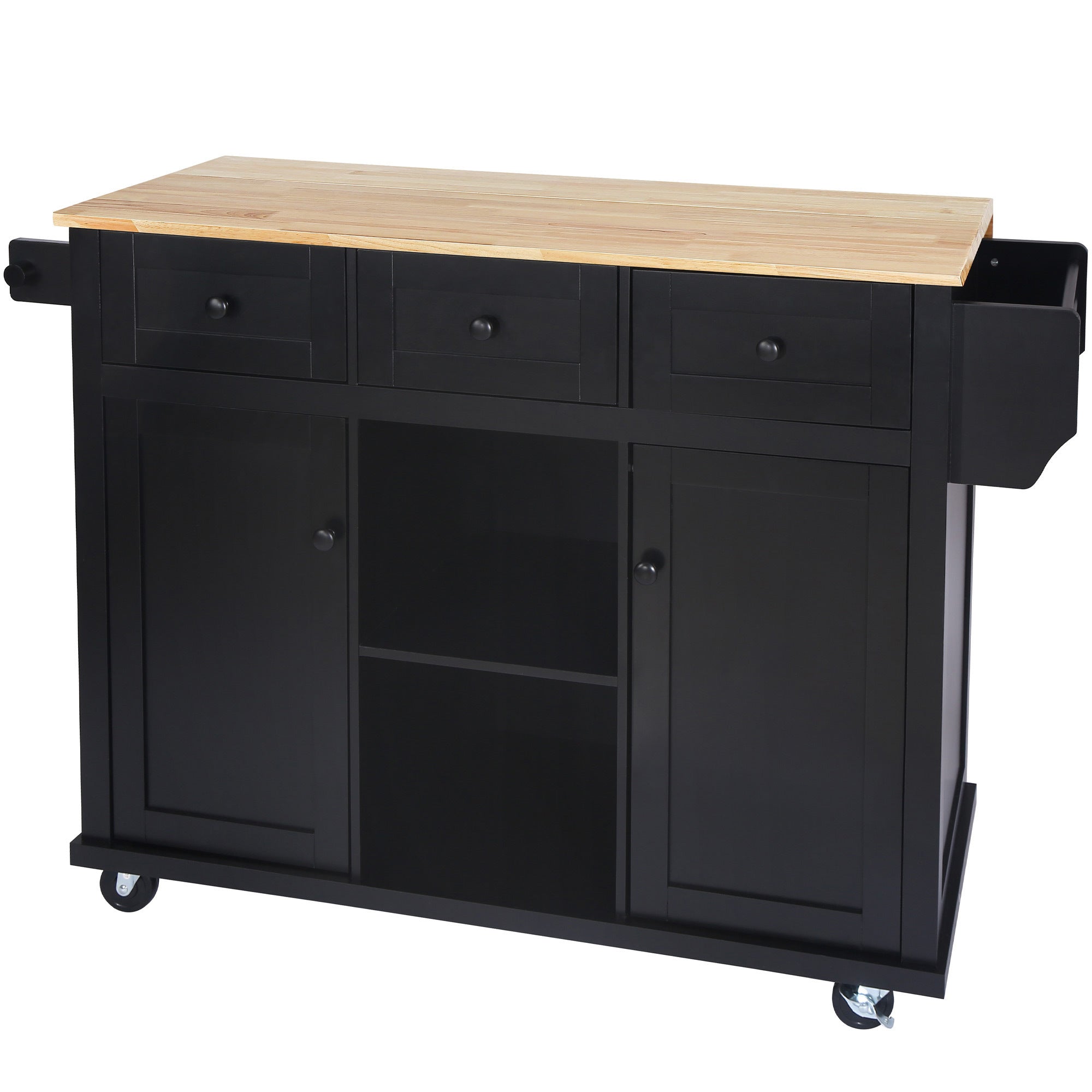 HAOYYE Kitchen Cart with Rubberwood Drop-Leaf Countertop, Internal Storage Racks, 5-Wheel Kitchen Island with Storage Cabinet and 3 Drawers, Black, Sturdy Space-Saving Design, Durable and Stylish Home Furniture