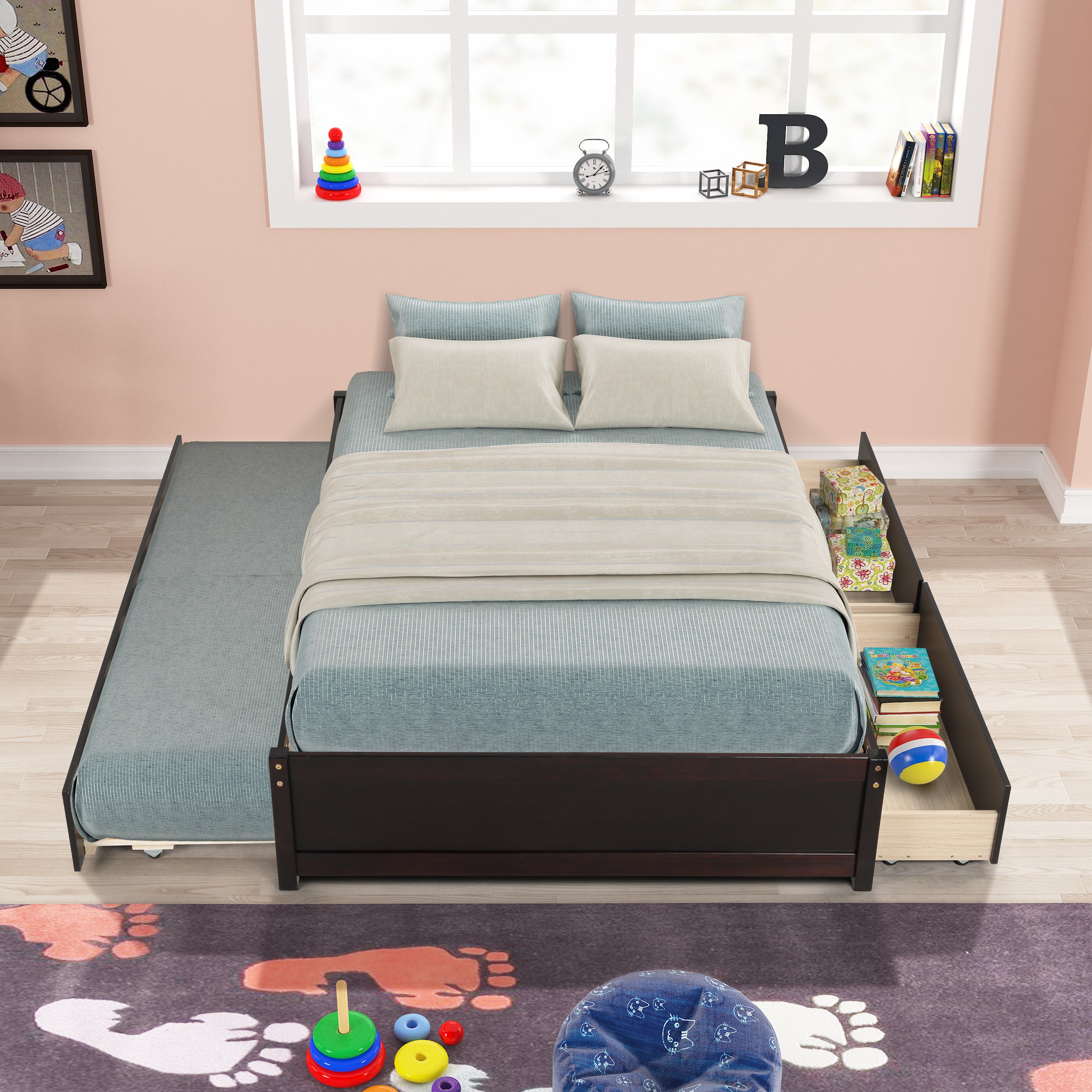 HAOYYE Full Bed With Trundle And Two Storage Drawers, Espresso Wood Platform Bed Frame, Space-Saving Heavy Duty Design, Modern Style For Bedroom Or Dorm Room, Easy Assembly