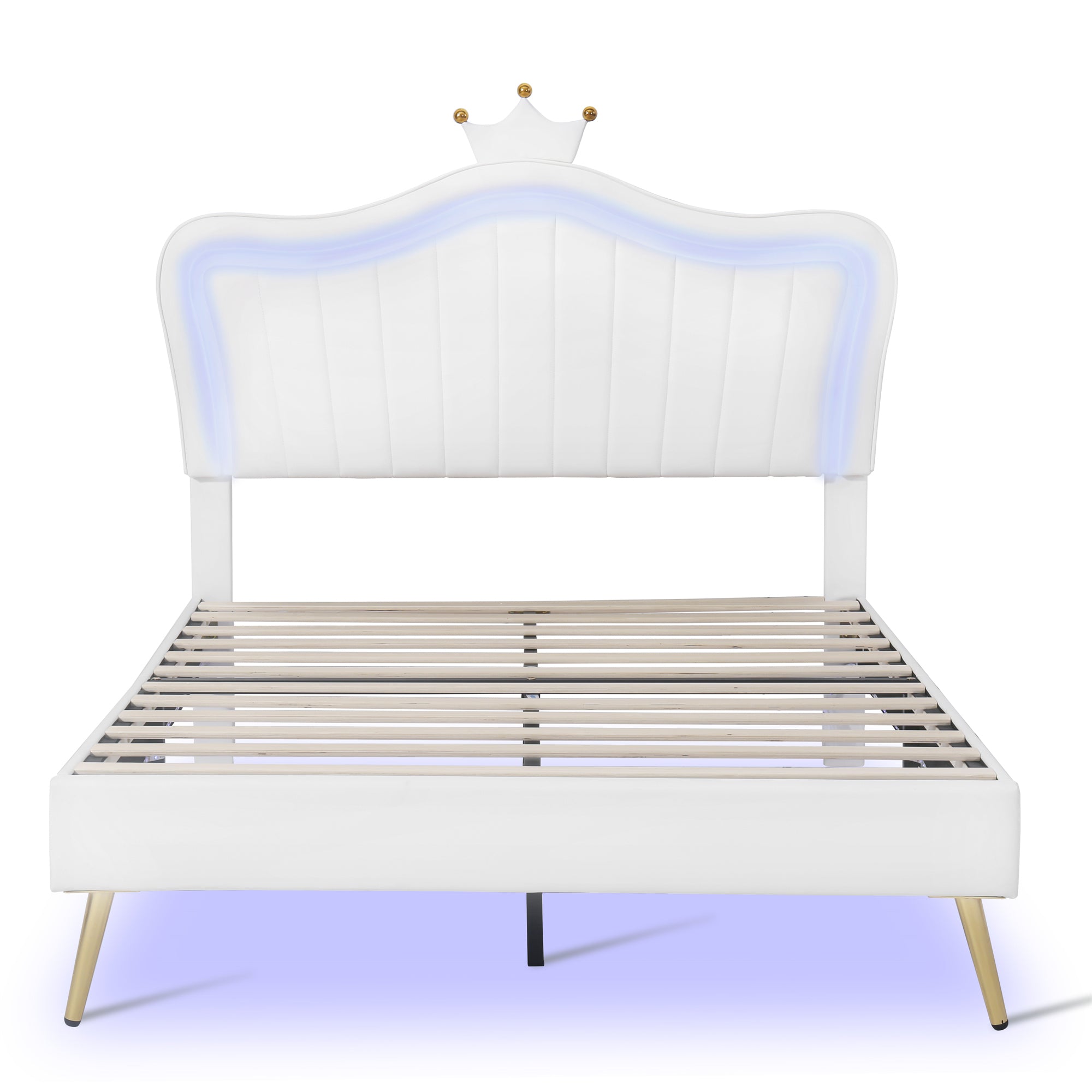 HAOYYE Full Size Upholstered Bed Frame with LED Lights,Modern Upholstered Princess Bed With Crown Headboard,White Sturdy Space-Saving Heavy Duty Modern Design Adults Dorm Room Easy Assembly