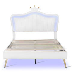 HAOYYE Full Size Upholstered Bed Frame with LED Lights,Modern Upholstered Princess Bed With Crown Headboard,White Sturdy Space-Saving Heavy Duty Modern Design Adults Dorm Room Easy Assembly