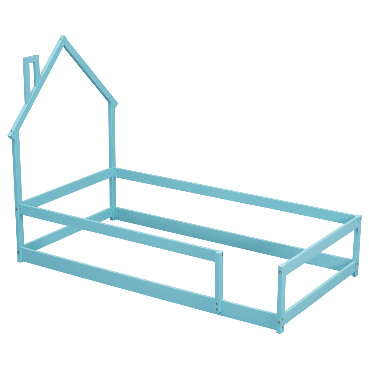 HAOYYE Twin Size Wood Bed with House-Shaped Headboard, Floor Bed with Fences, Sturdy Space-Saving Design, Easy Assembly for Bedroom, Dorm Room, and Modern Home Decor