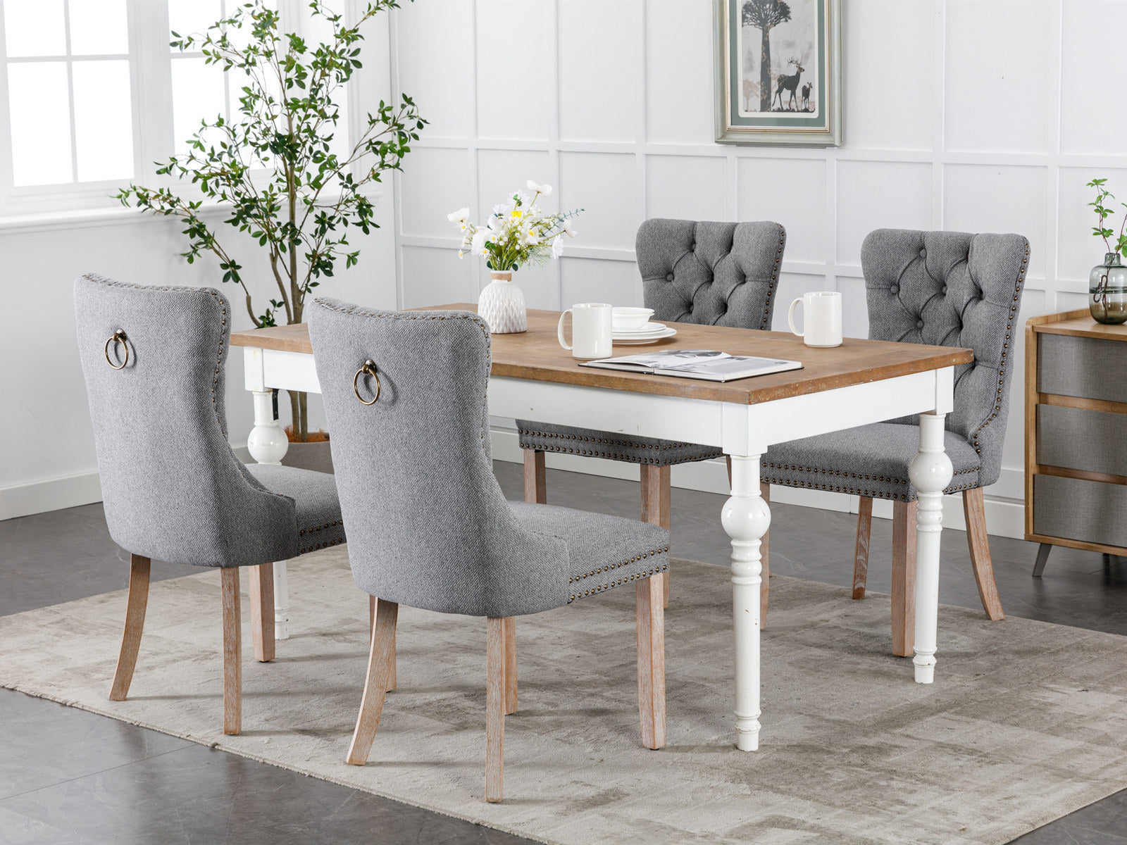 HAOYYE Nikki Collection Modern, High-end Tufted Solid Wood Contemporary Flax Upholstered Linen Dining Chair with Wood Legs Nailhead Trim 2-Pcs Set,Gray, SW6801GY Sturdy Space-Saving Heavy Duty Modern Design