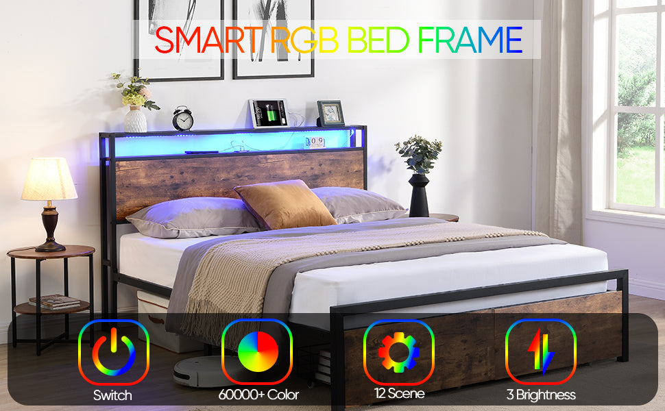HAOYYE Full Size Bed Frame with Storage Headboard and 2 Drawers, LED Lights Bed with Charging Station, Metal Platform Bed No Noise, Mattress Foundation Strong Metal Slats Support No Box Spring Needed Sturdy