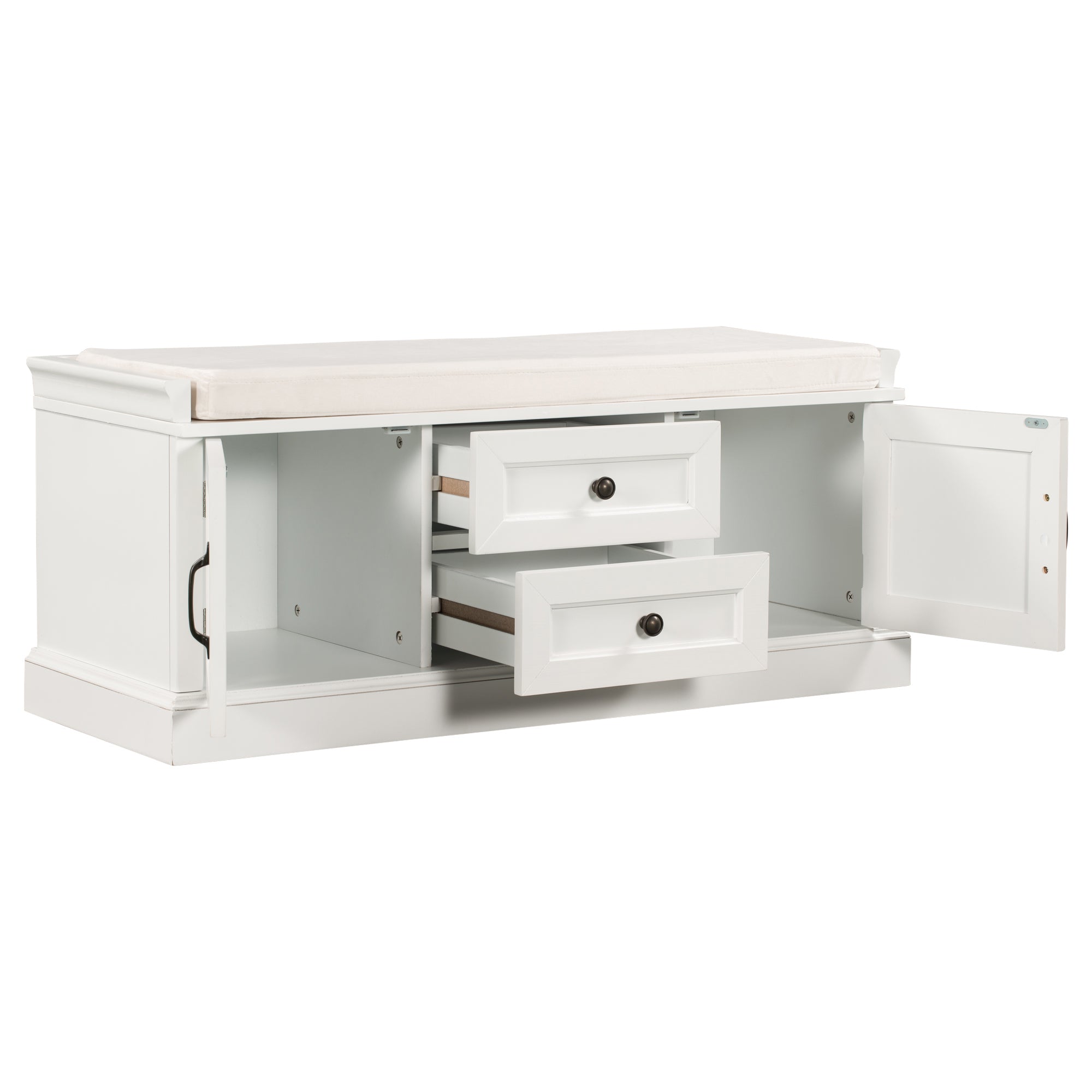 HAOYYE Storage Bench with 2 Drawers and Cabinets, Shoe Bench with Removable Cushion for Living Room, Entryway, Sturdy Space-Saving Heavy Duty Modern Design, White, Easy Assembly for Adults and Dorm Rooms