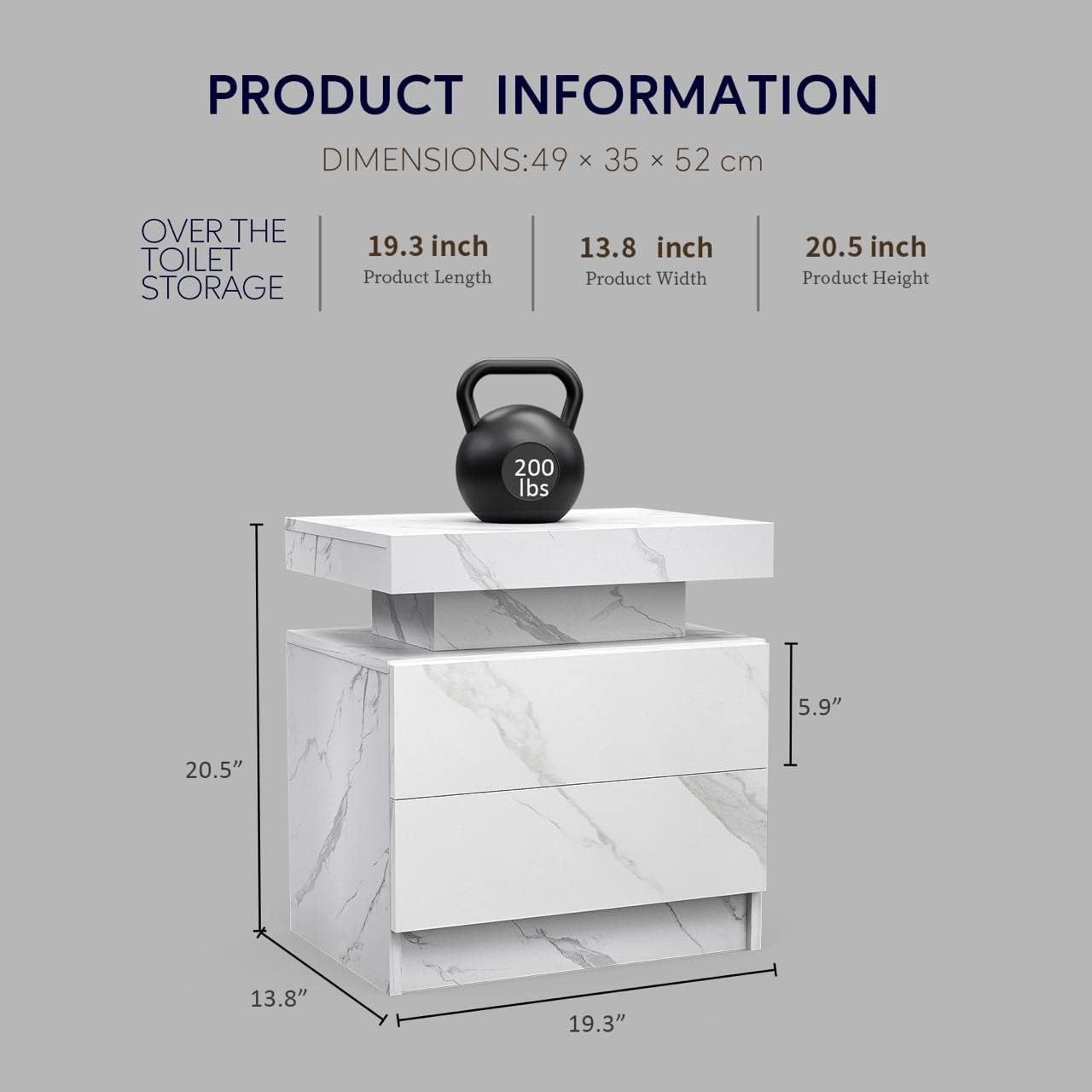 HAOYYE LED Nightstand Bedside Table Cabinet with 2 Drawers, Modern White Stone End Table for Bedroom, Sturdy Space-Saving Heavy Duty Construction, Ideal for Adults and Dorm Rooms, Easy Assembly