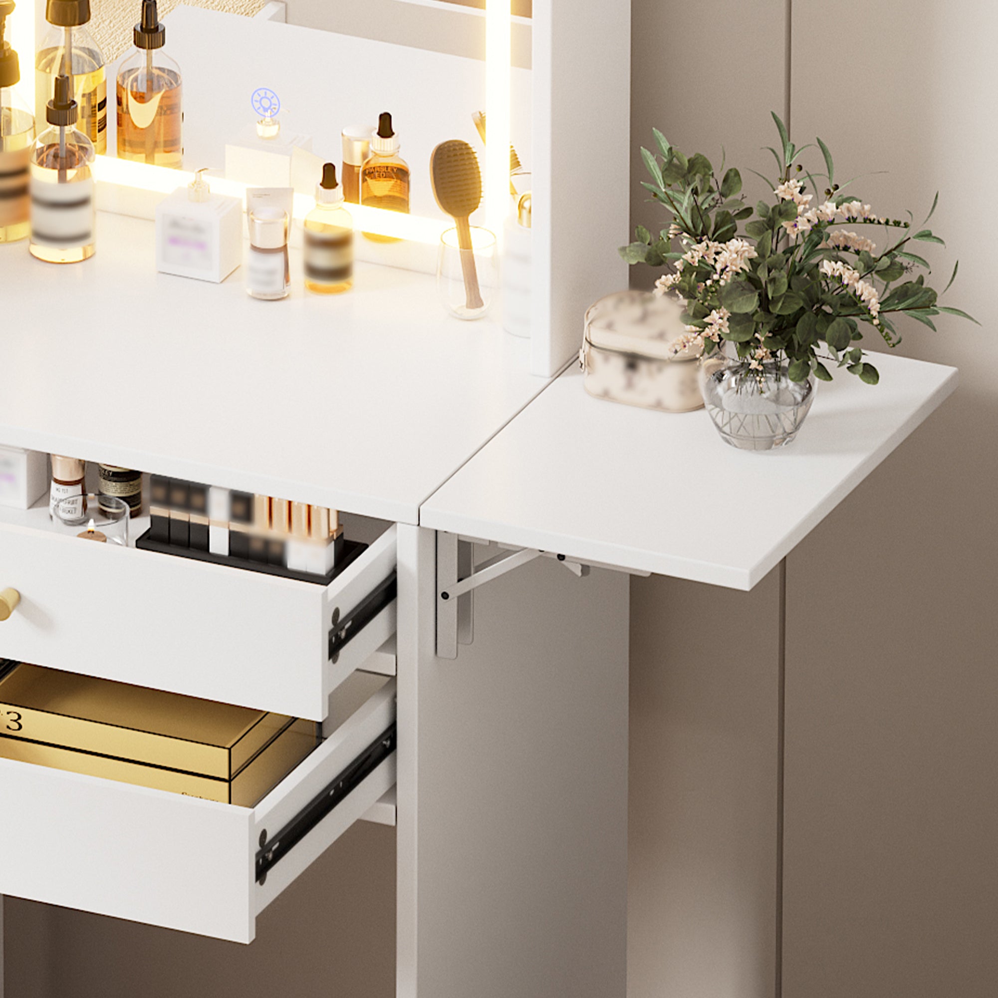 HAOYYE Small Space Vanity Table Set with 3 Adjustable Lighted Mirror and Storage Chair, Makeup Vanity Table for Small Space, White Dressing Table with Fold-up Panel for Bedroom