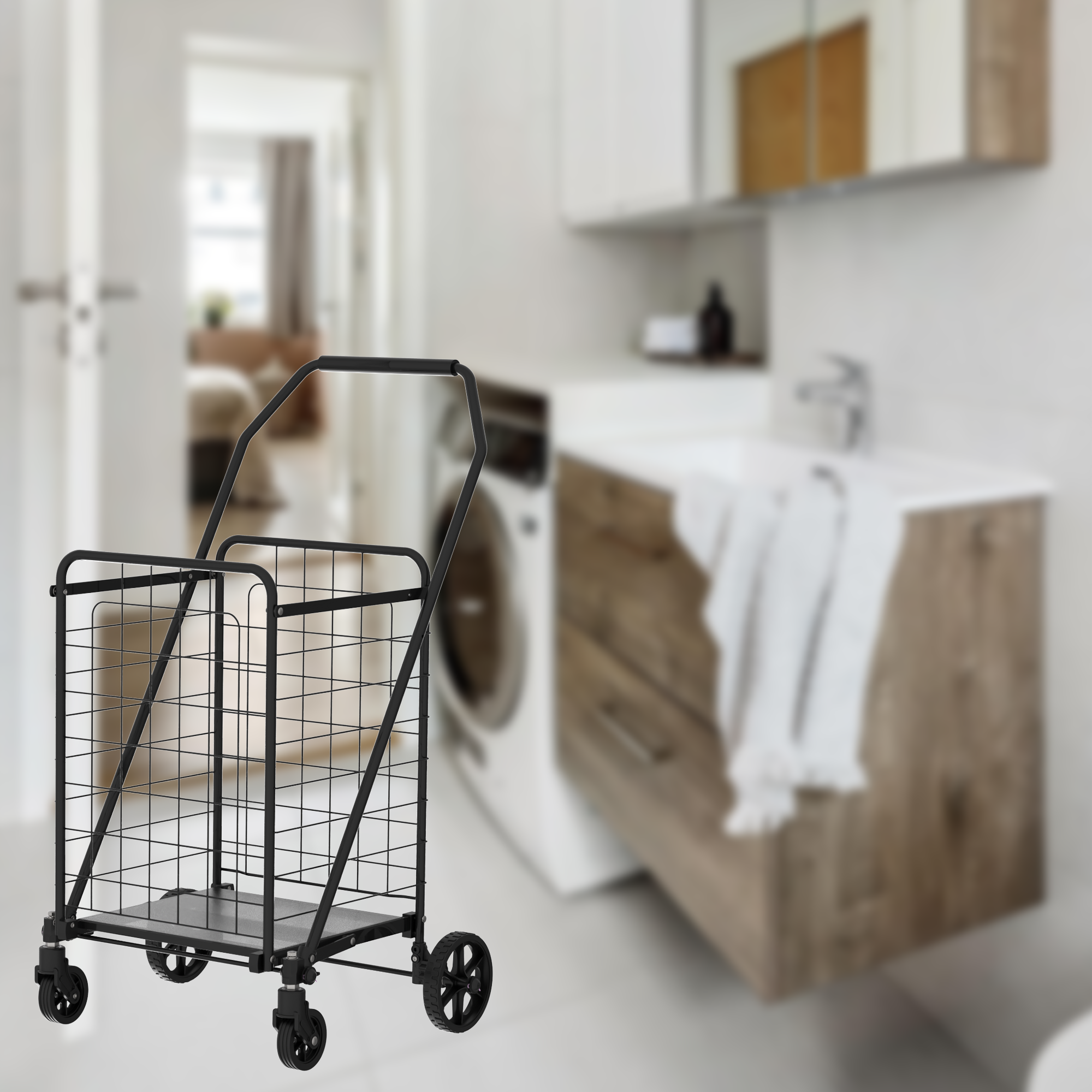 HAOYYE Shopping Cart with Shelf Foldable Utility Grocery Cart on Wheels Double Basket Design 360° Rolling Swivel Wheels for Easy Maneuvering Perfect for Groceries Laundry and Everyday Use