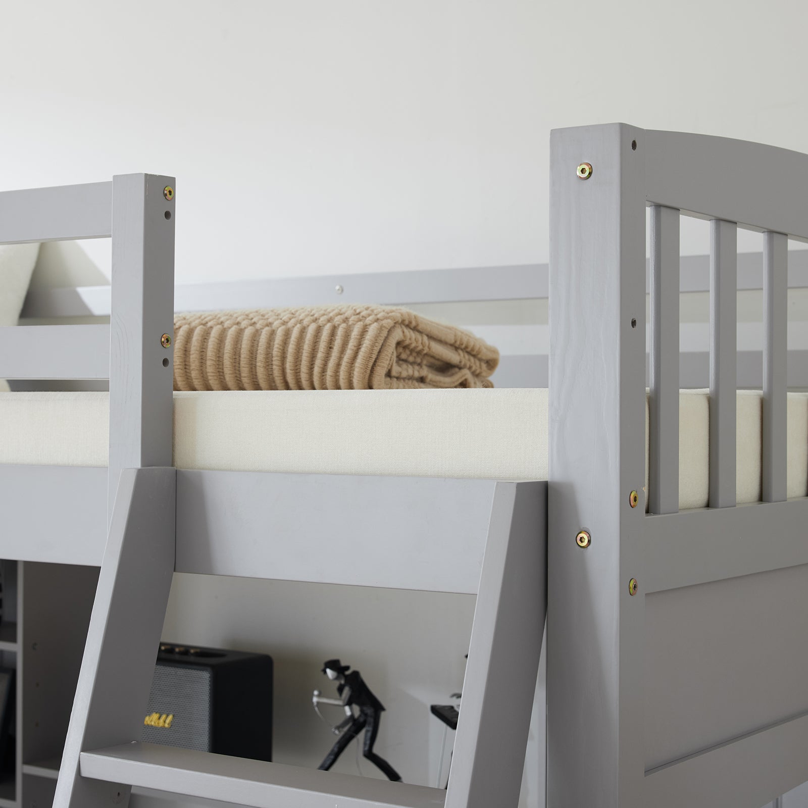 HAOYYE Loft Bed with Shelf & Desk, Inclined Ladder, Gray Twin Wooden Bed, Pine & Particle Board, Space-Saving Design for Kids, Teens, and Dorm Rooms, Sturdy Construction, Easy Assembly, Modern & Functional