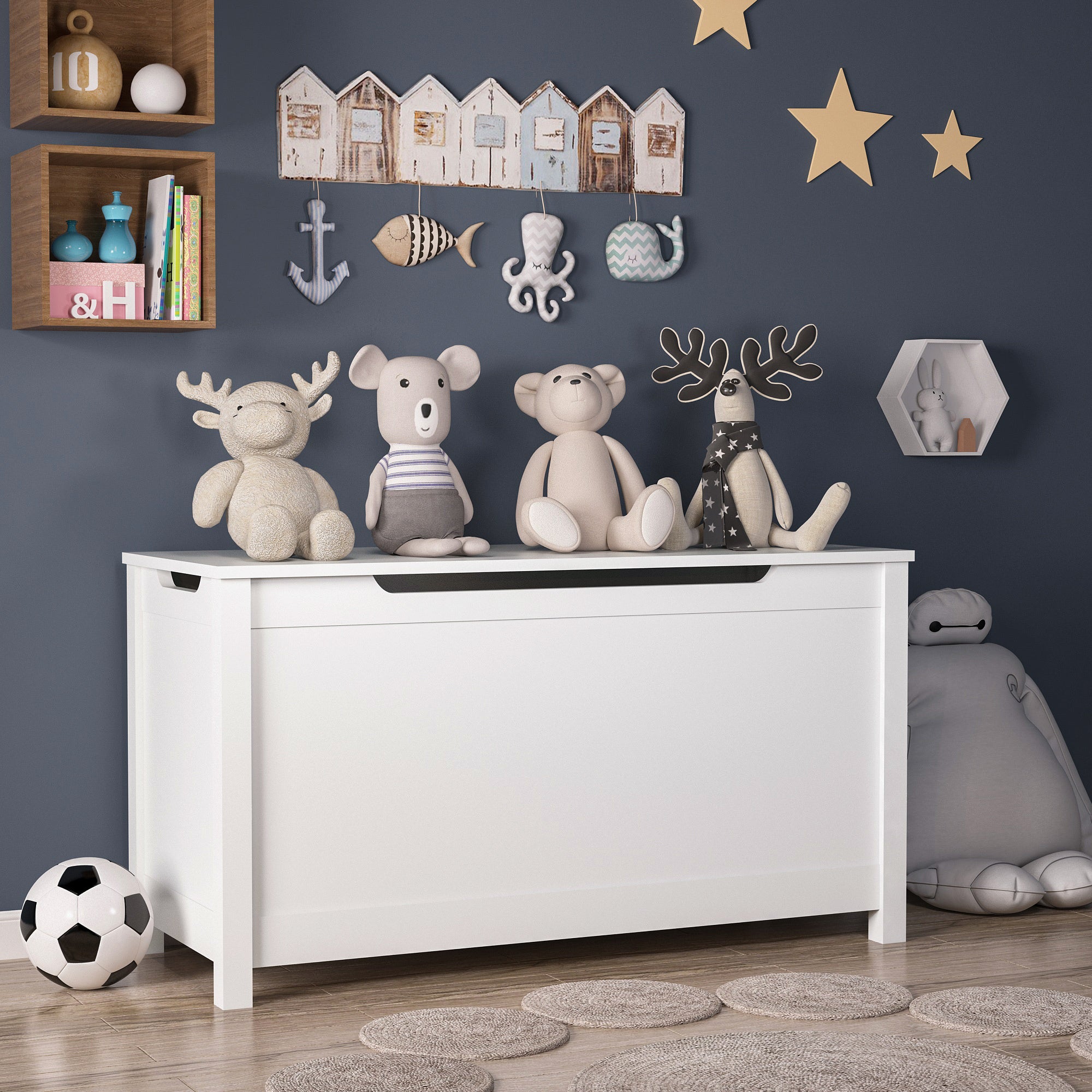 HAOYYE Wooden Toy Box Storage with Safety Hinged Lid, White, Sturdy Space-Saving Design, Easy Assembly, Durable and Stylish Home Furniture