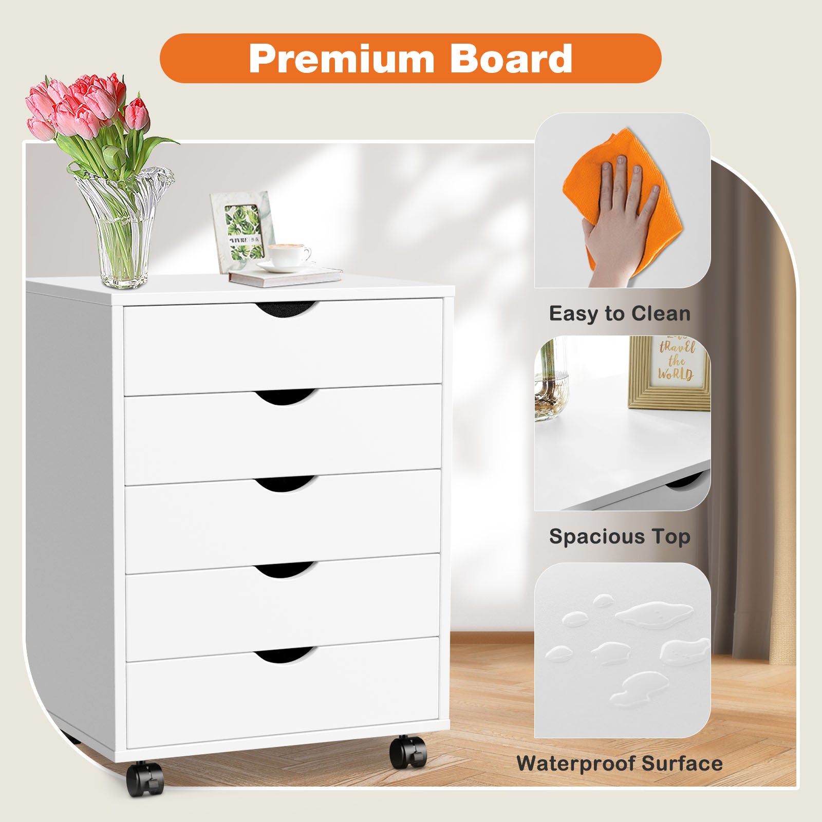 HAOYYE 5-Drawer Mobile Storage Cabinet, Sturdy Wooden Organizer Chest with Wheels, Modern Space-Saving Design, Heavy Duty Construction, Ideal for Office or Dorm Room Furniture