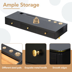 HAOYYE Floating Shelf With Drawer, Multi-Purpose Wall-Mounted Vanity Table, Sturdy Space-Saving Heavy Duty Design, Black And Gold Finish, Perfect For Bedroom, Bathroom, Or Salon