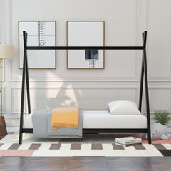 HAOYYE House Bed Tent Bed Frame Twin Size Metal Floor Play House Bed with Slat for Girls Boys , No Box Spring Needed Black Sturdy Space-Saving Heavy Duty Modern Design Easy Assembly Durable Stylish