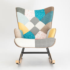 Haoyye Mid-Century Modern Rocking Chair with Patchwork Linen Upholstery, Fabric Accent Rocker with Wood Legs and High Backrest, Comfortable Retro Armchair for Living Room, Bedroom or Lounge, Sturdy Space-Saving Easy Assembly Design