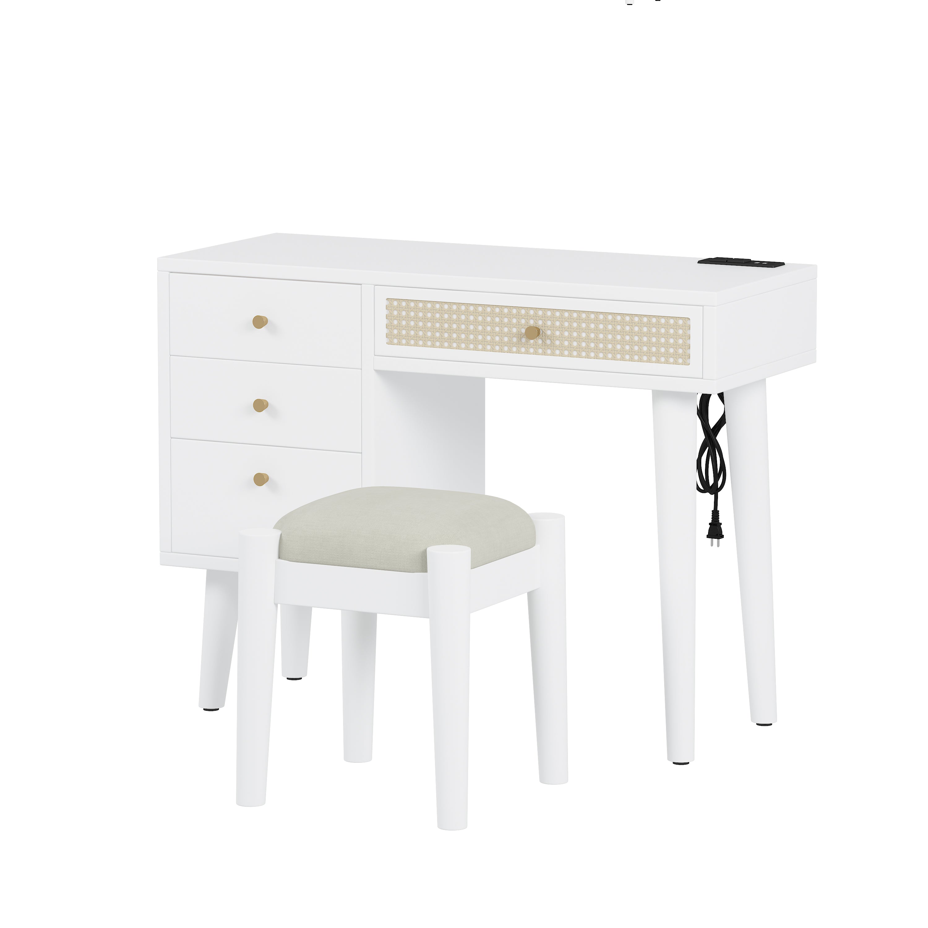 HAOYYE 39" Retro Bohemian Style Wooden Makeup Vanity Set with Charging Plug&USB Port and Stool, Dressing Table with 3 Storage Drawers and 1 Rectangular Rattan Drawer, White
