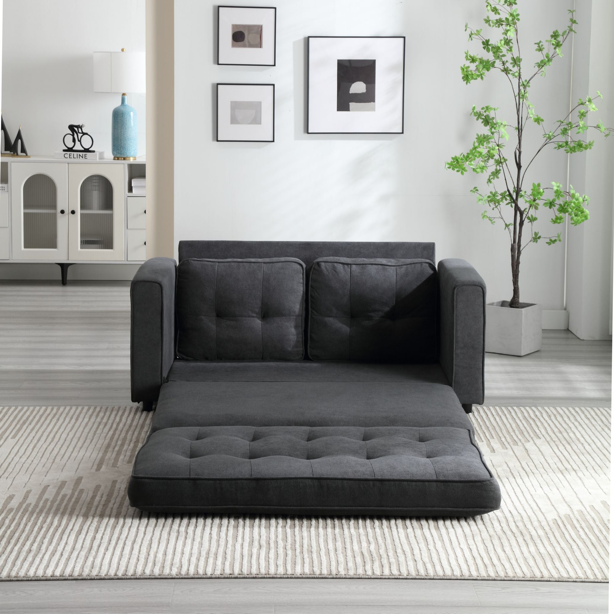 HAOYYE 3-Fold Convertible Futon Couch, Pull Out Sofa Bed, Space-Saving Loveseat Sleeper, Velvet Linen Fabric Upholstery, Heavy Duty Durable Sofa for Living Room, Modern Compact Design, Dark Gray, Light Gray, Beige