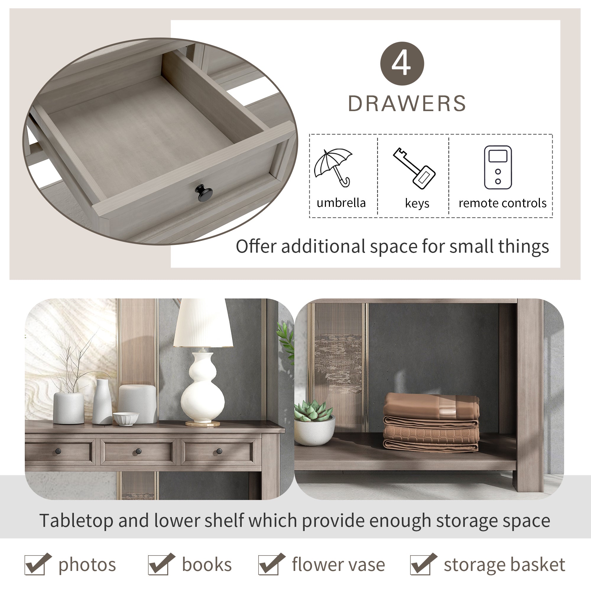 HAOYYE Console Table with Storage Drawers and Bottom Shelf for Entryway or Hallway, Gray Wash, Sturdy Space-Saving Design, Heavy Duty Construction, Easy Assembly, Durable and Stylish Home Furniture