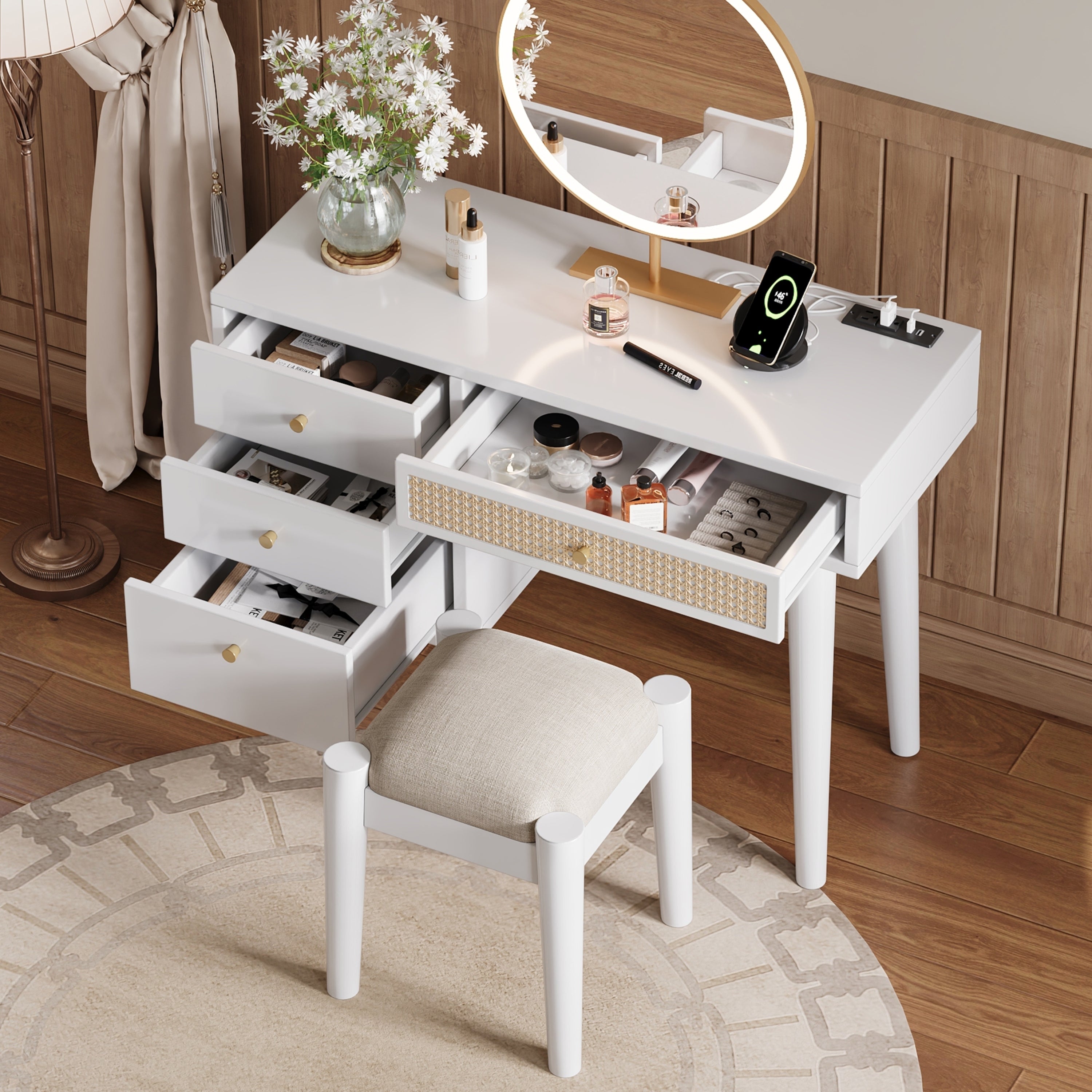 HAOYYE 39" Retro Bohemian Style Wooden Makeup Vanity Set with Charging Plug&USB Port and Stool, Dressing Table with 3 Storage Drawers and 1 Rectangular Rattan Drawer, White