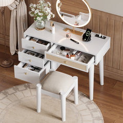 HAOYYE 39" Retro Bohemian Style Wooden Makeup Vanity Set with Charging Plug&USB Port and Stool, Dressing Table with 3 Storage Drawers and 1 Rectangular Rattan Drawer, White